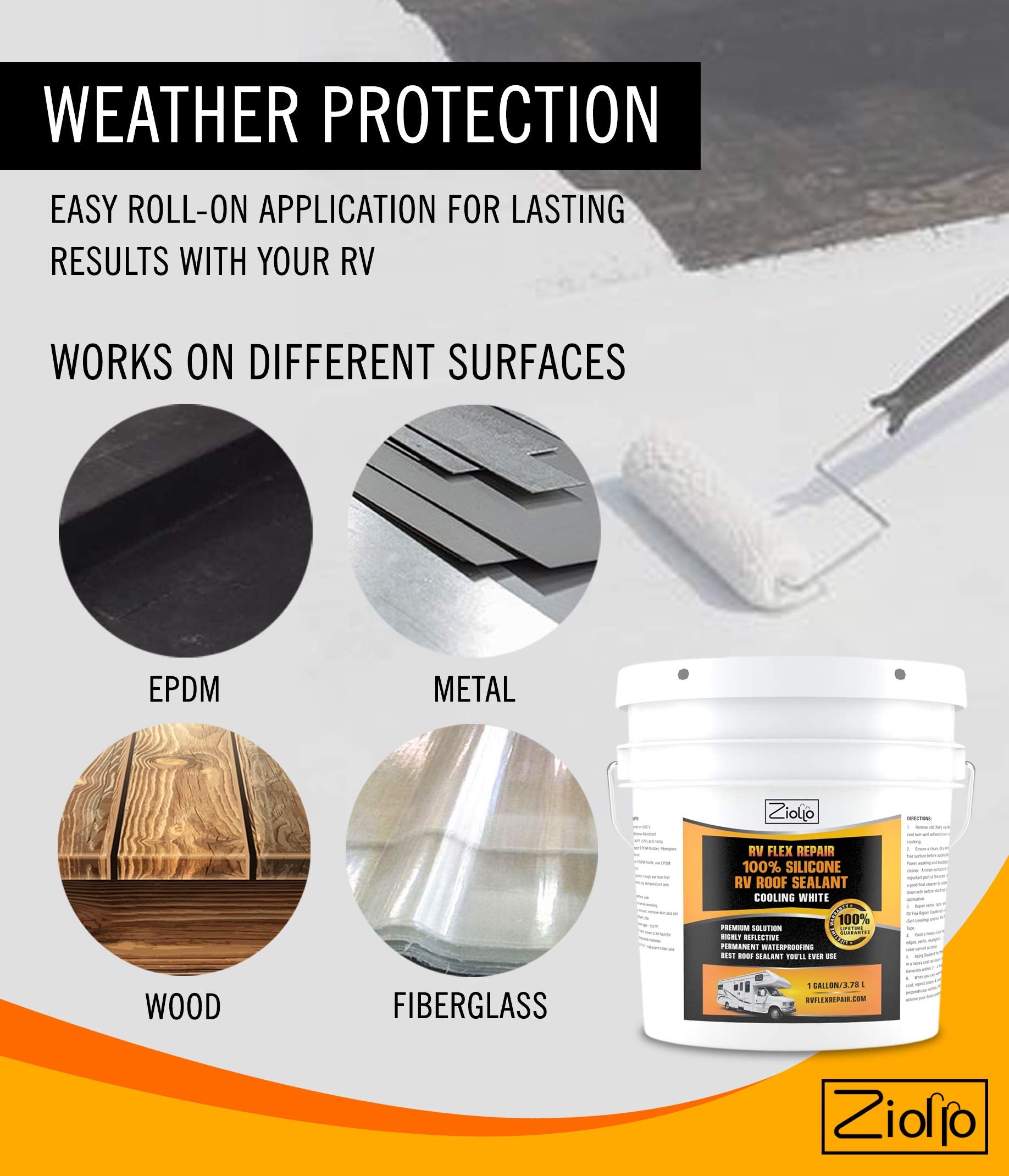 Ziollo Rv Flex Repair 100% Silicone Rv Roof Sealant - Premium Leak Repair & Waterproofing For Motorhomes, Trailers, And Campers - One Coat, No Priming Needed, 1 Gallon