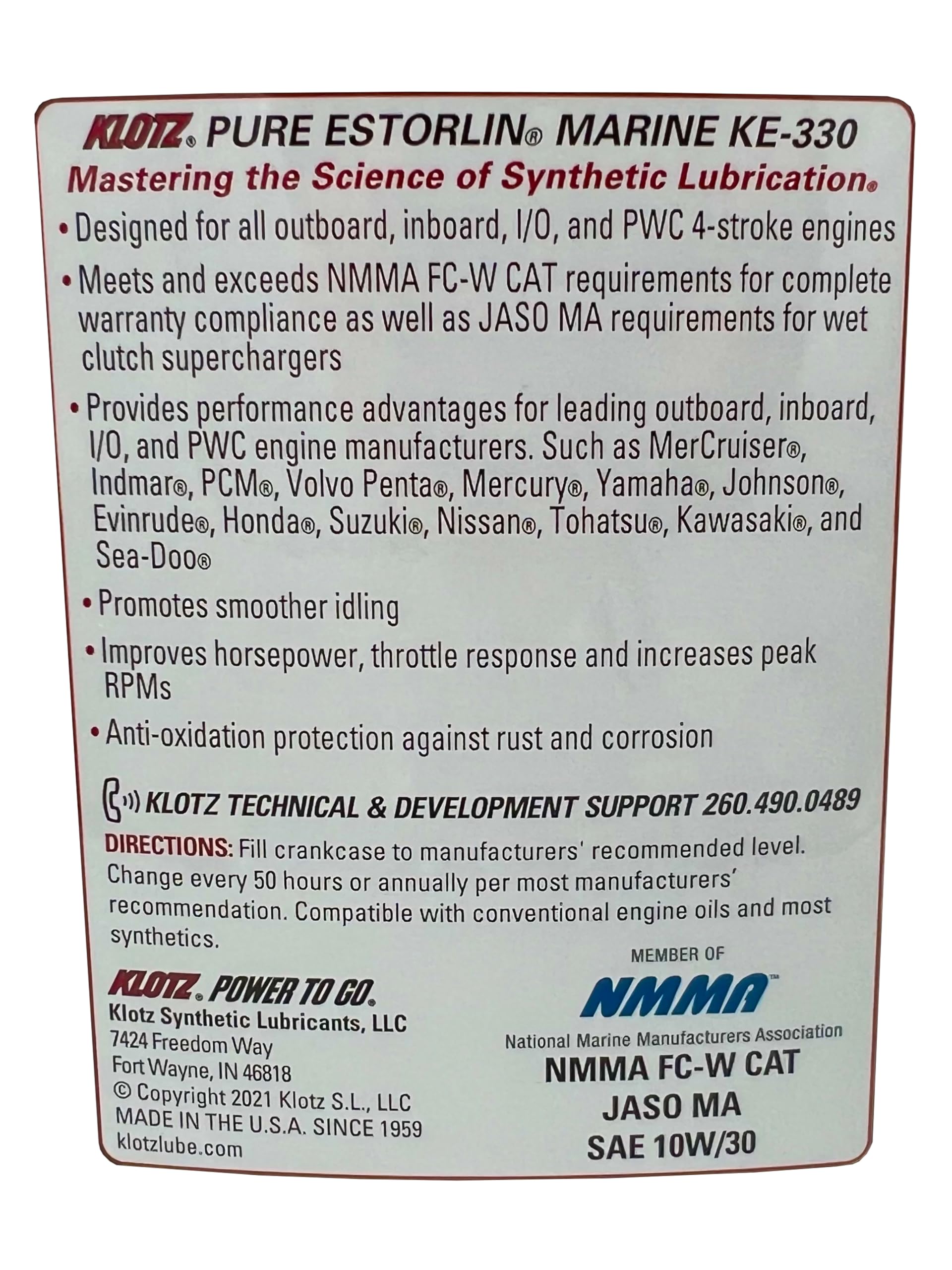 Klotz Pure Estorlin Marine Oil 10W-30 Synthetic Lubricant, 4-Stroke Outboard, Inboard, PWC Motor Oil Lube | Extreme Anti-Wear &