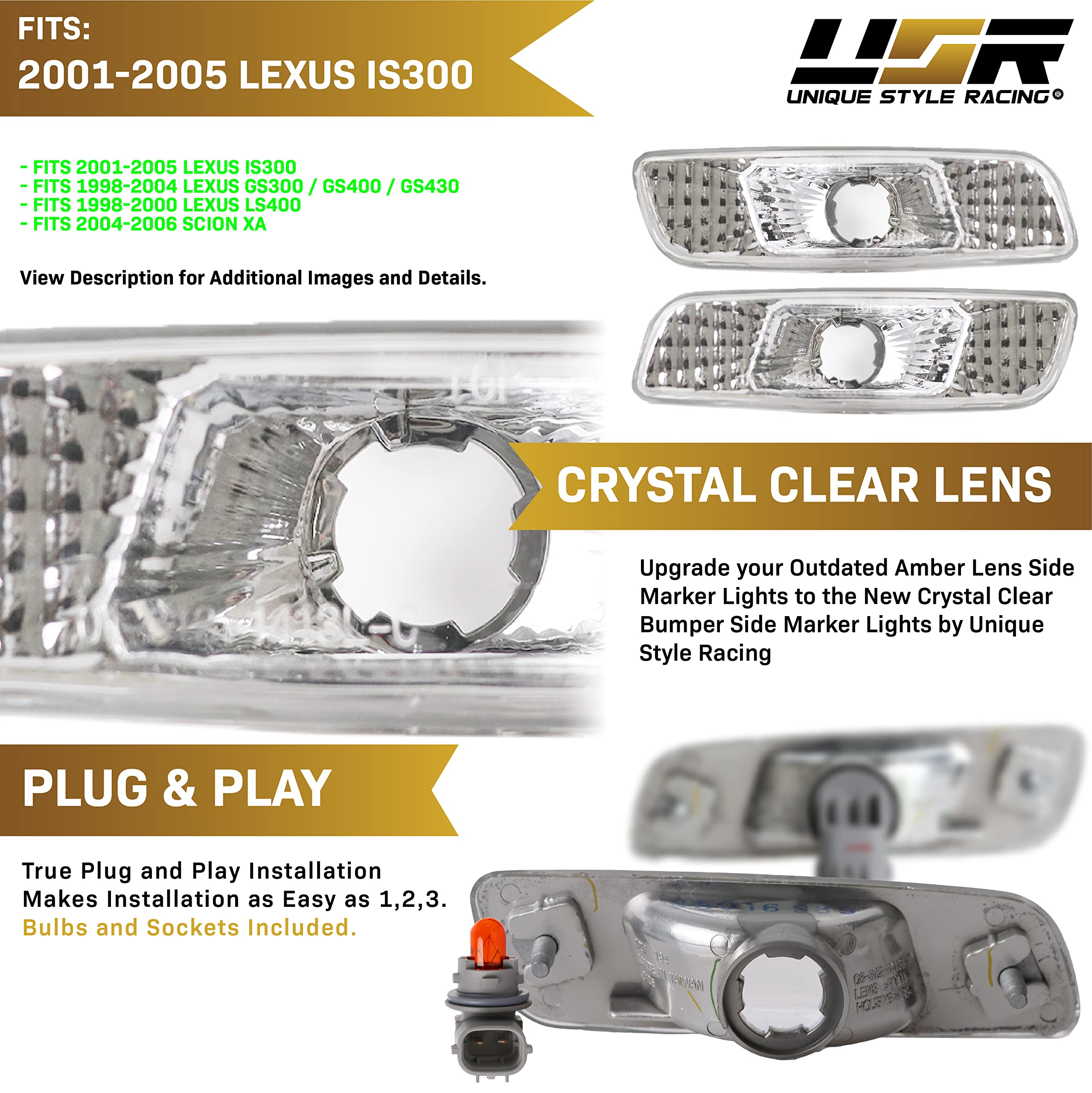 DEPO Clear Lens Front Bumper Side Marker Light with Amber Bulbs Compatible with 2000-2005 Lexus IS200 / IS300 and 1998-2005 Lexu