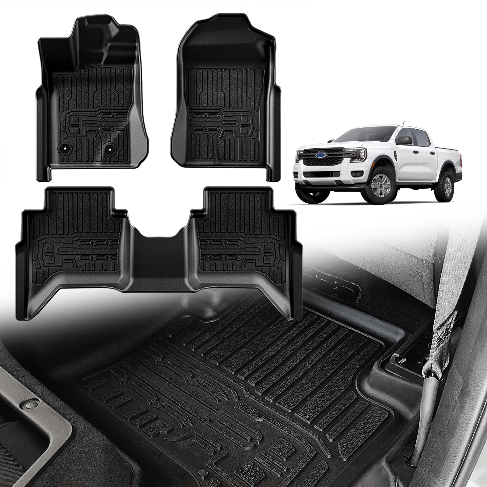 Triplealiners Floor Mats Compatible With Ford Ranger 2024-2025 Supercrew Accessories All Weather Custom Fit 1St & 2Nd Row Tpe Tr