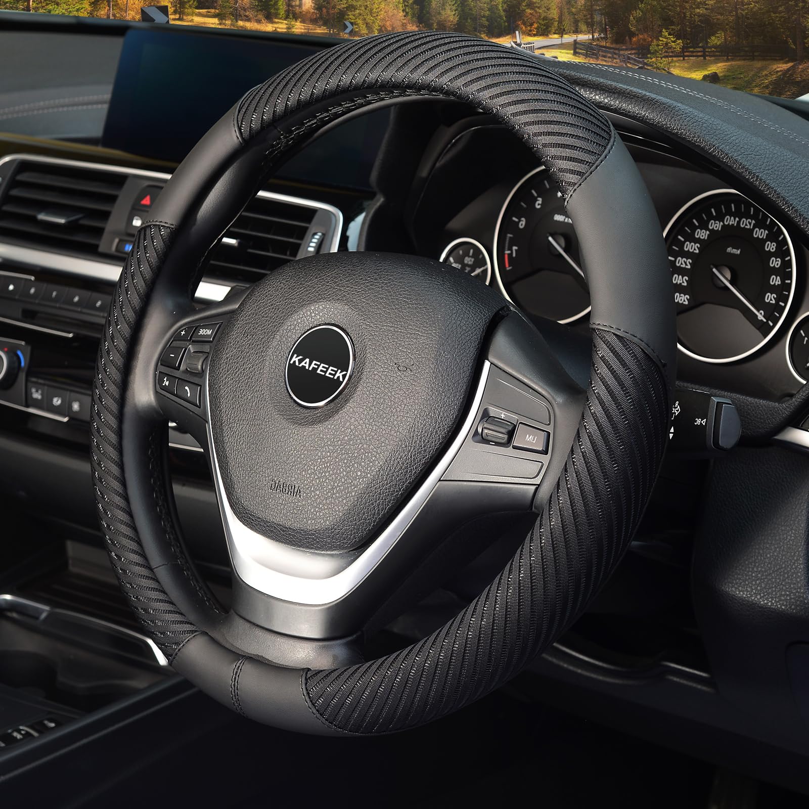 Kafeek Steering Wheel Cover, Universal 15 Inch, Microfiber Leather Ice Silk, Breathable, Black