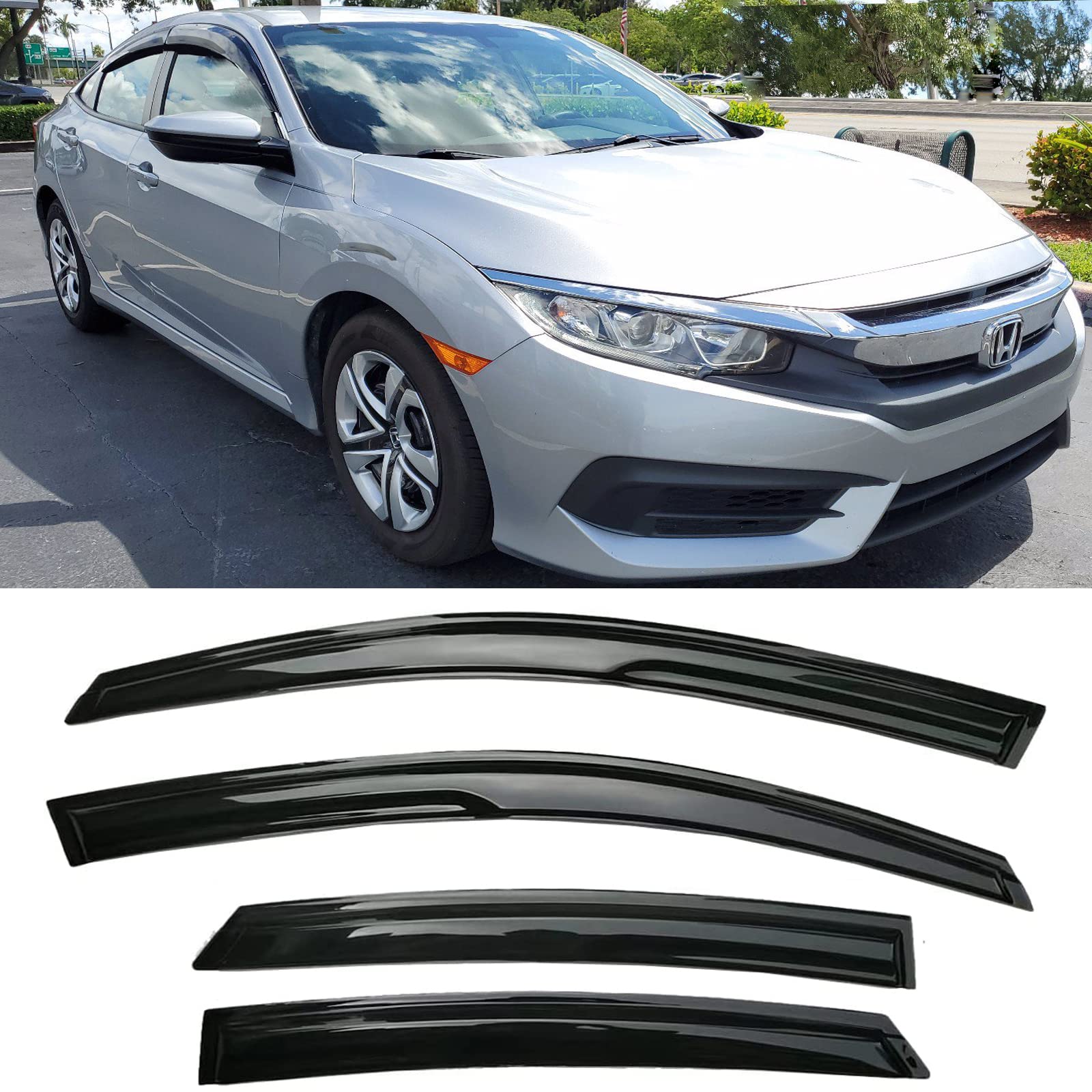 Window Visors Rain Guards Smoke Car Sun Shades Window Deflectors Vent For 2016-2021 Honda Civic 4 Door Sedan, 4-Pieces Set