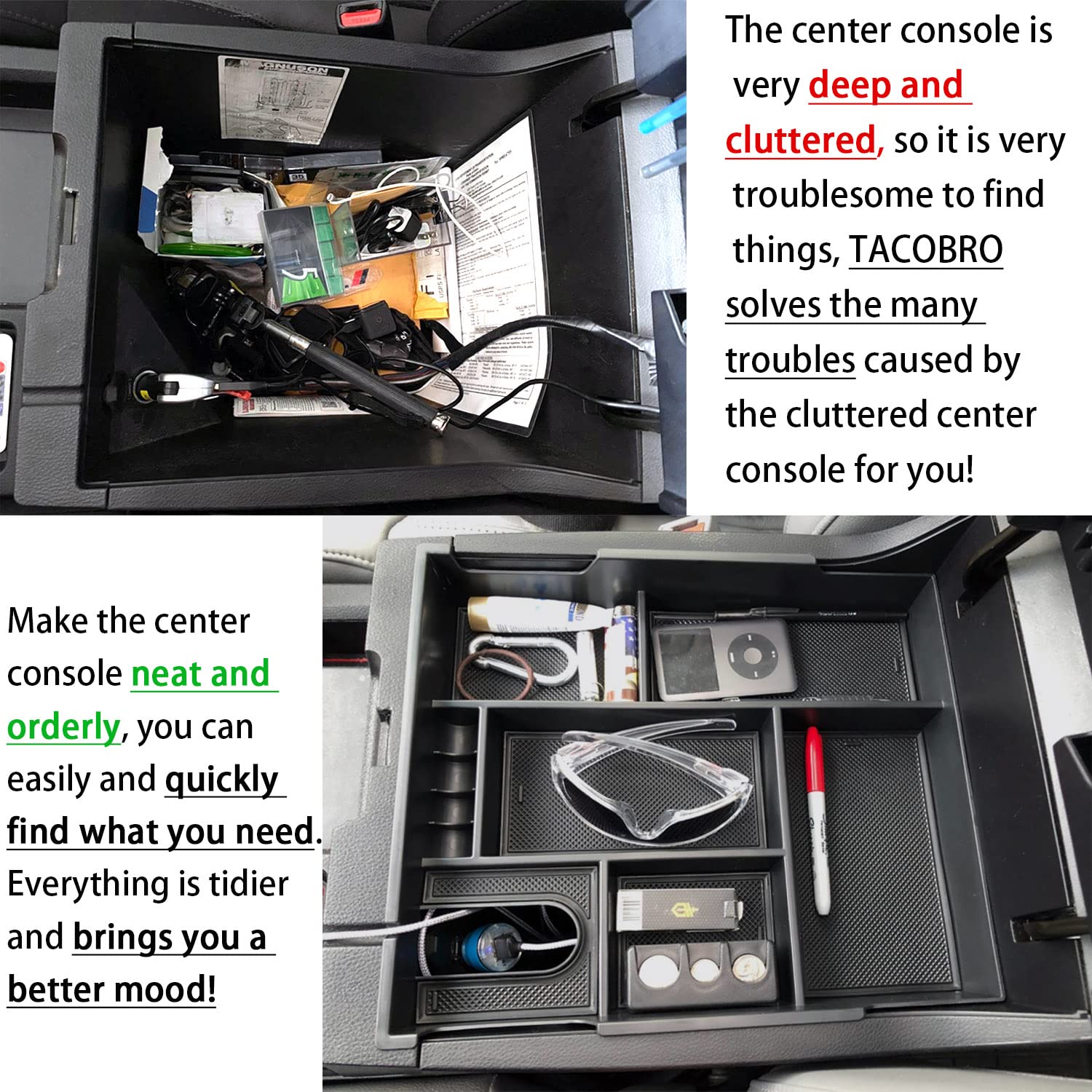 TACOBRO Center Console Organizer for 2014-2021 Tundra, Black Plastic Insert Tray, Model TBTY22-B, Crewmax Armrest Storage Box