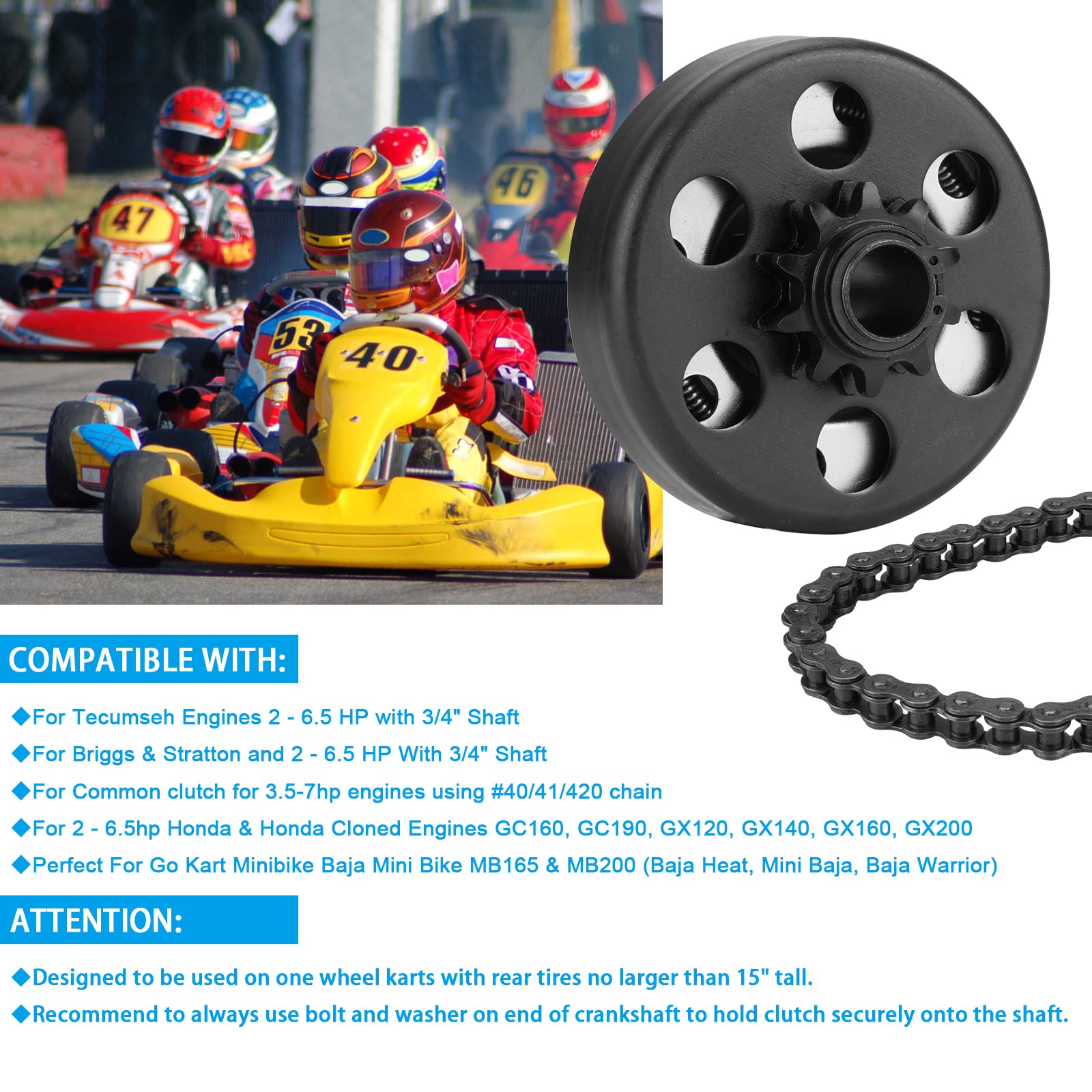 Youxmoto Centrifugal Go Kart Clutch 3/4 Bore 10 Tooth With #40 41 420 Chain, Works 2-6.5Hp, For Bs/For Tecumseh/For Honda Cloned