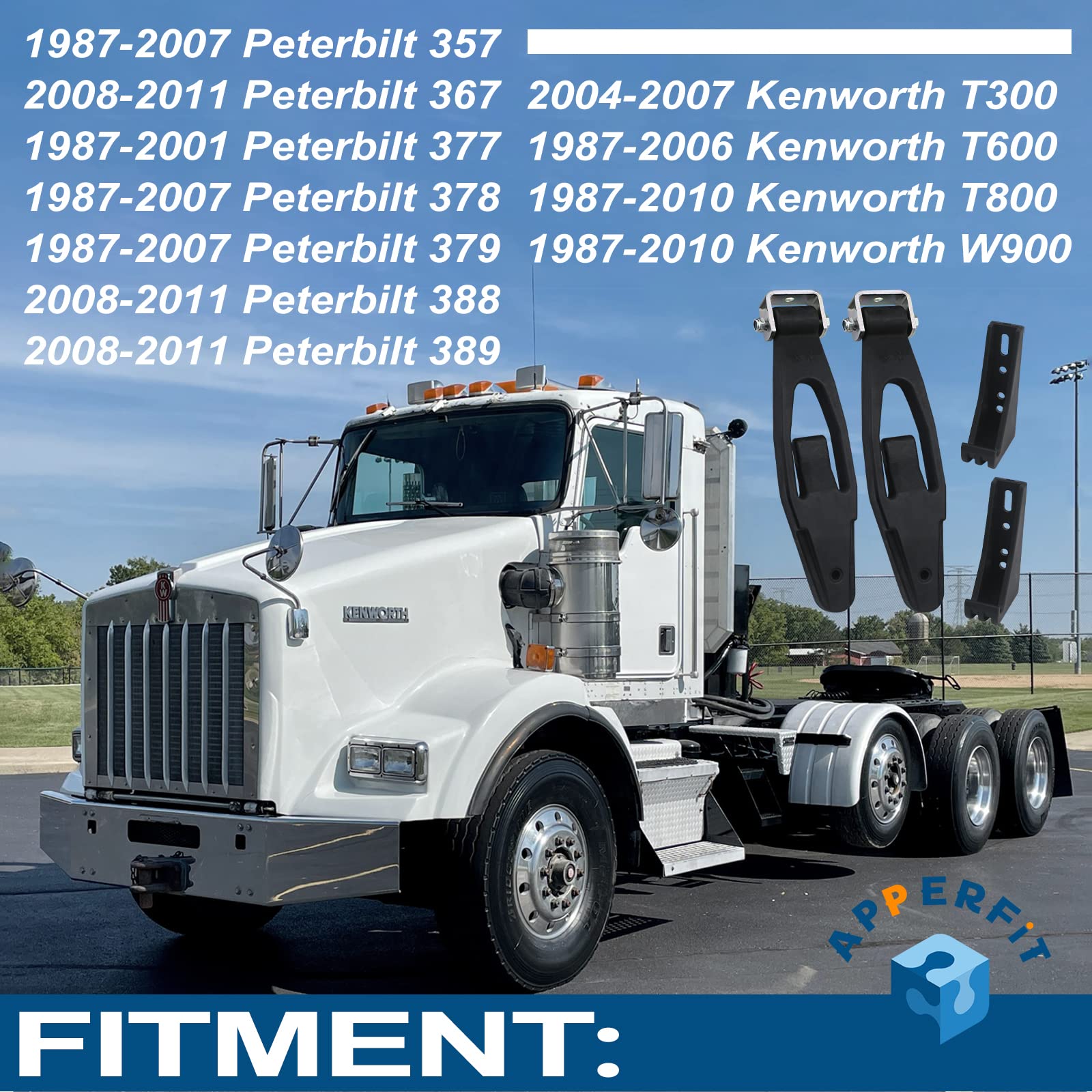 Hood Latch Strap With Catch Bracket Kit 2 Pack Compatible With Kenworth T300 T600 T800 W900, Peterbilt 357 367 377 378 379 388 3