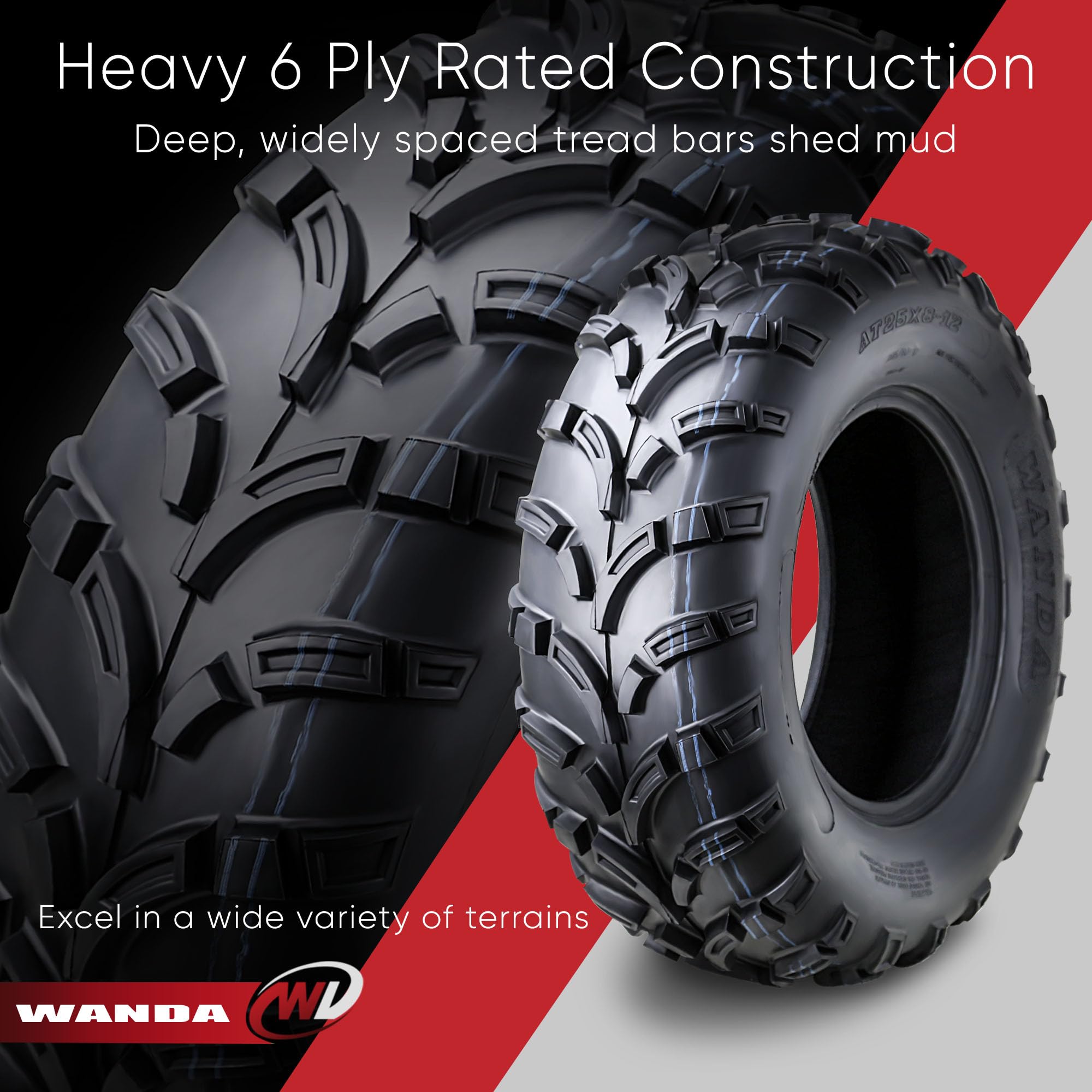 Wanda Full Set Atv/Utv Tires 25X8-12 Front & 25X10-12 Rear /6Pr
