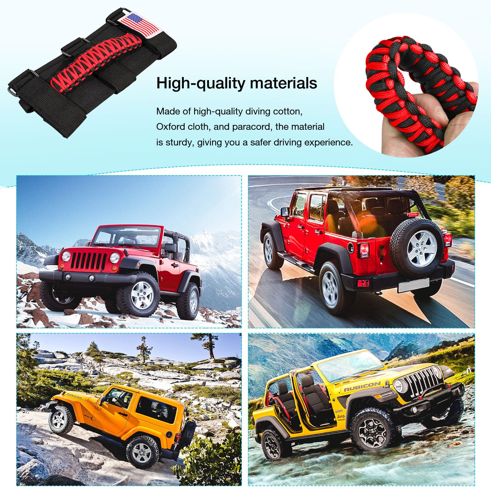 Gaizon 4 Pack Grab Handles Roll Bar Paracord Handgrip Handles with America Flag Pattern Replacement for Jeep Wrangler YJ TJ JK J