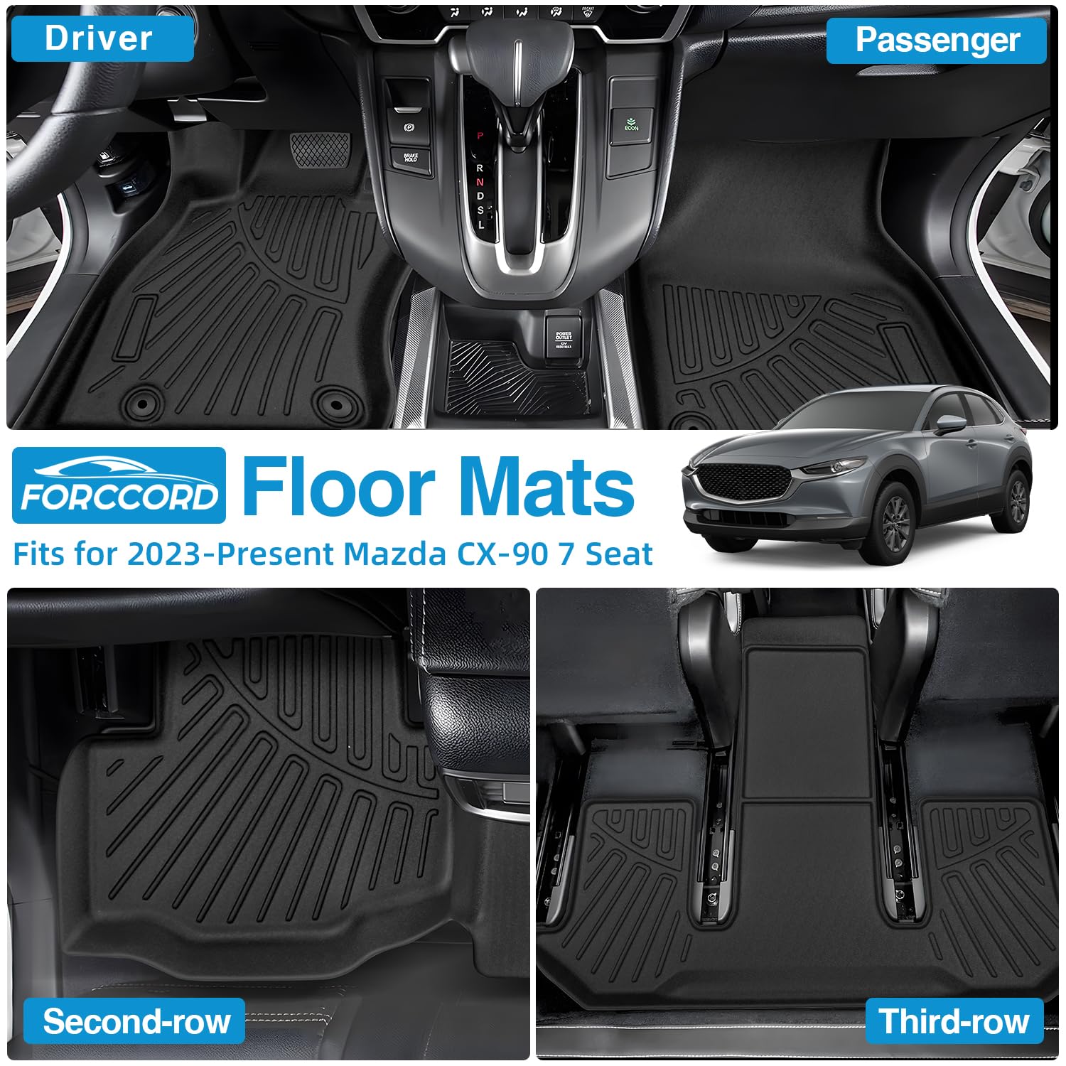 Forccord Custom Fit For Floor Mats Mazda Cx-90&Cx90 Phev 2024 2023 (6&7 Passengers Without 2Nd Row Console) 3-Row All Weather Pr