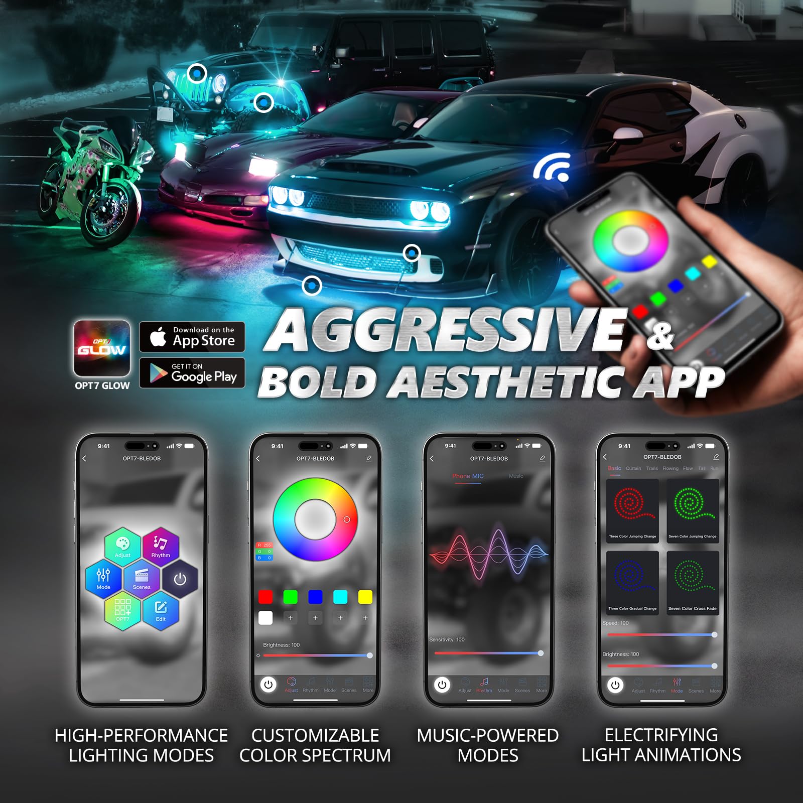 Opt7 Aura Pro 6Pc Interior Lights For Truck Suv Rv With App & Remote Control, Multicolor Mode, Music Sync Neon Accent Lighting K