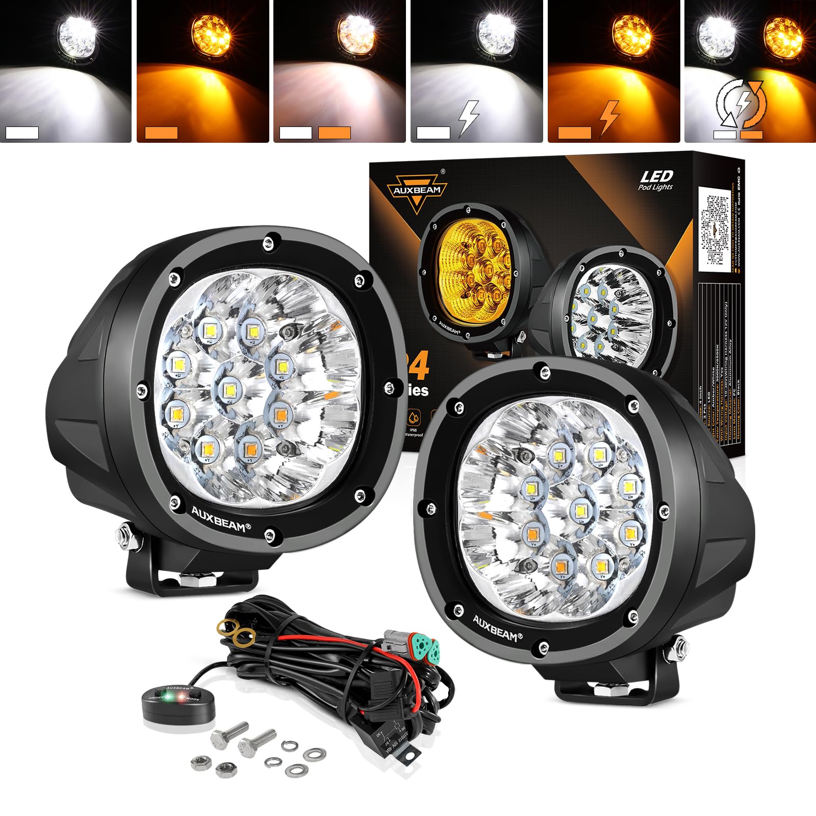 Auxbeam 4 Inch Round Offroad Light, 90W Led Amber White Spot Strobe Light Pods With 6 Modes, Dual Color Flashing Driving Fog Lig