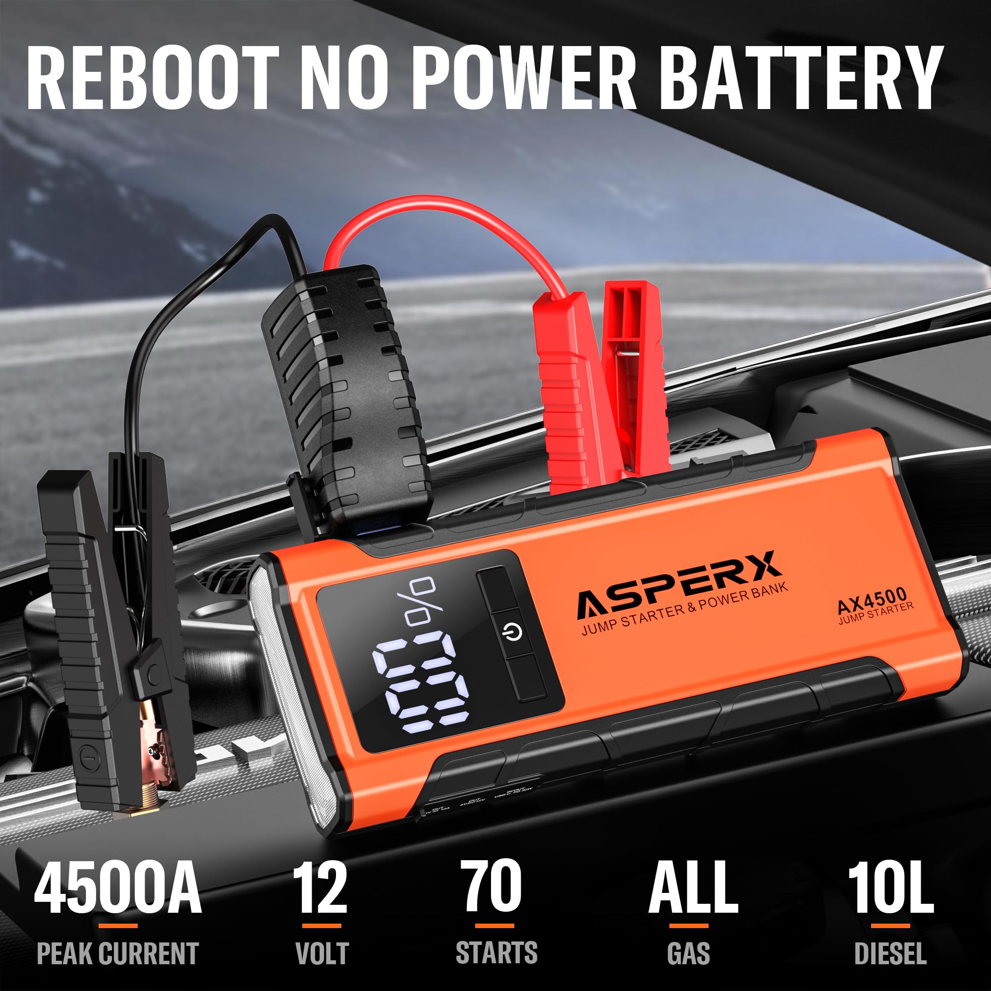 Asperx Ax4500 Jump Starter,4500A Peak Car Starter For Up To All Gas And 10.0L Diesel Engines,12V Battery Starter With 4 Inch Lcd