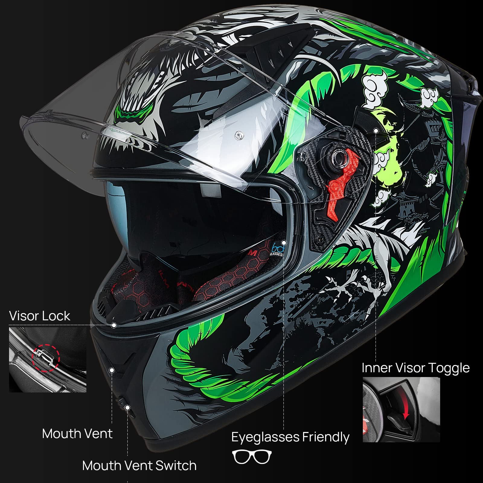 Ilm Motorcycle Helmet Full Face With Pinlock Compatible Clear&Tinted Visors And Fins Street Bike Motocross Casco Dot Model Z501(Legend Green, Large)