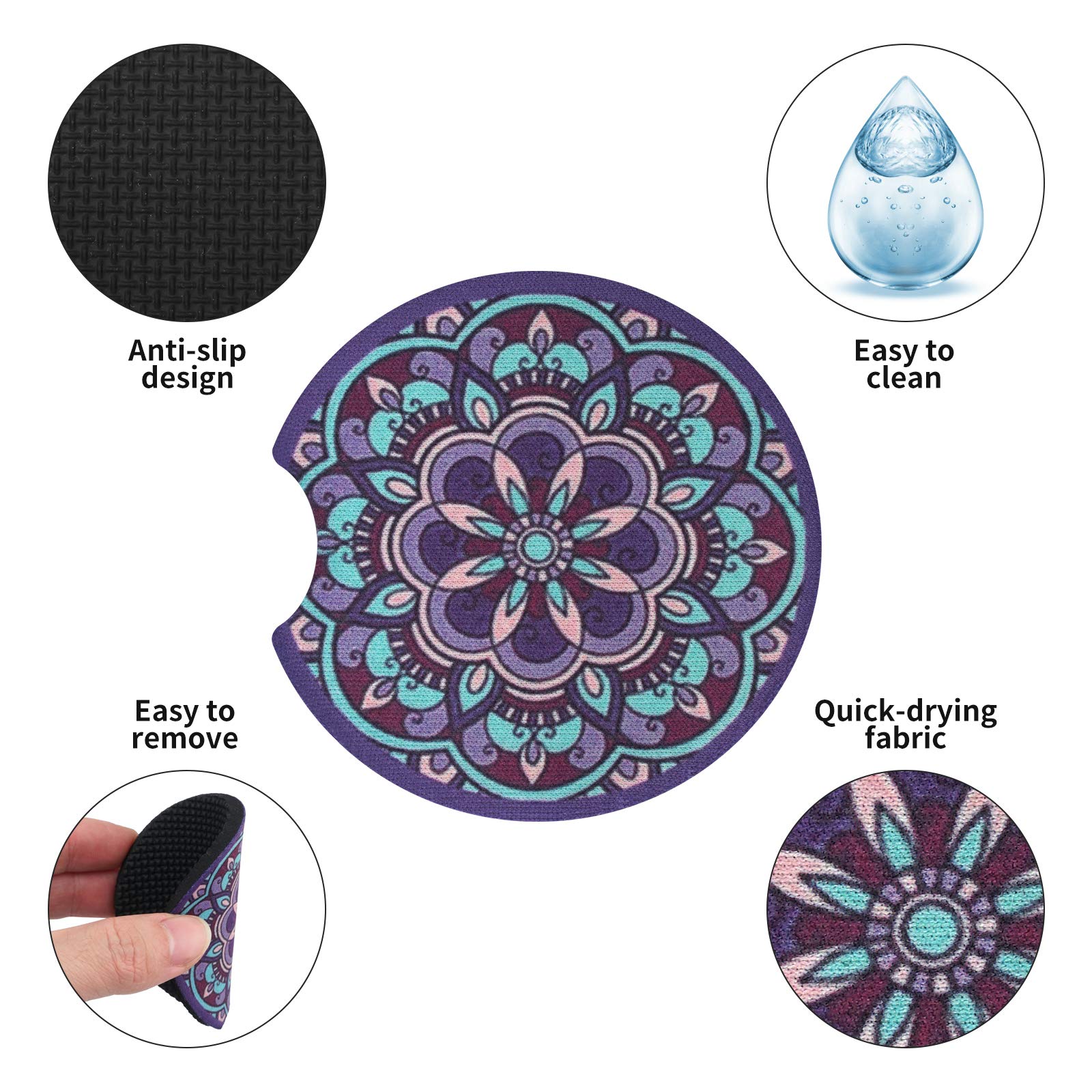 Tifanso Car Cup Holder Coaster, 2 Pack Car Coasters For Cup Holders, Cup Drink Holder Coasters For Car, Cute Car Accessories For Women And Girl (Mandala)