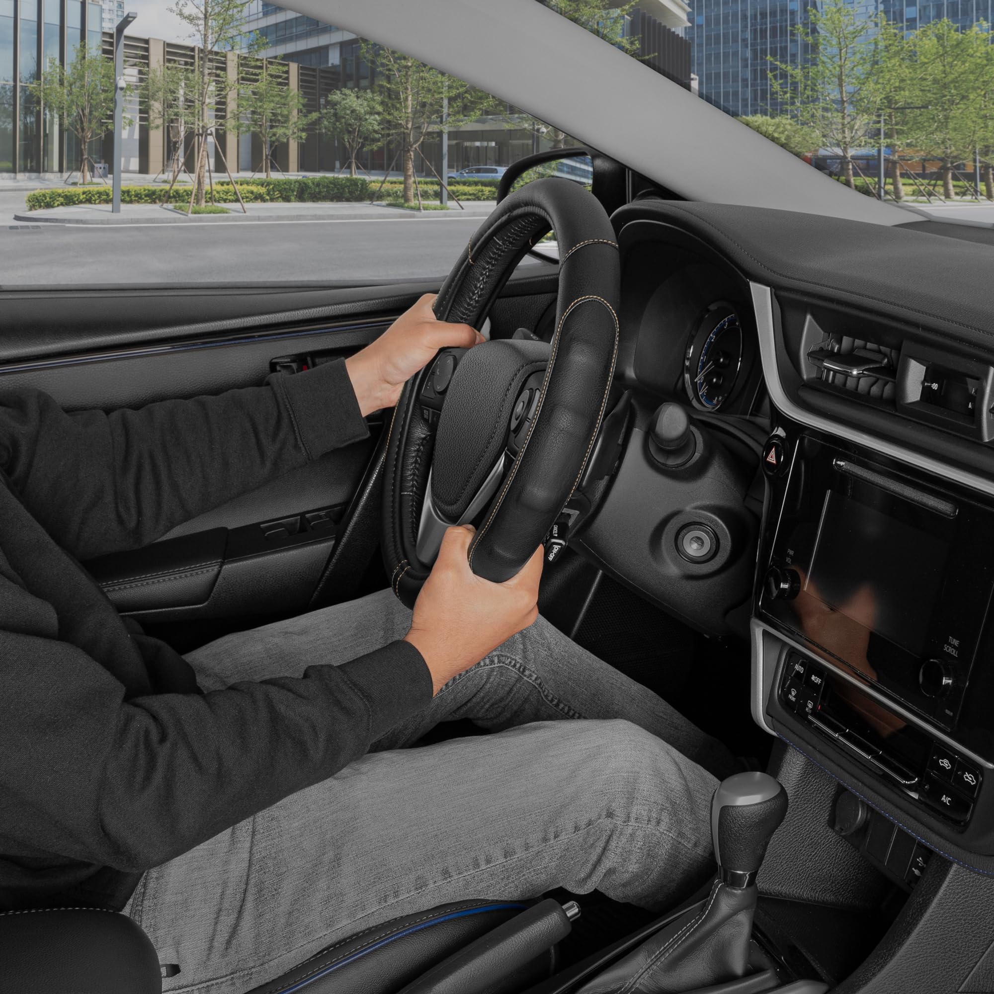 Motor Trend Gripdrive Pro Synthetic Leather Auto Car Steering Wheel Cover Black W/ Beige Accent Stitching Comfort Grip - Small 13.5 To 14.5 Inch - Sw-761-Bg-S__Am