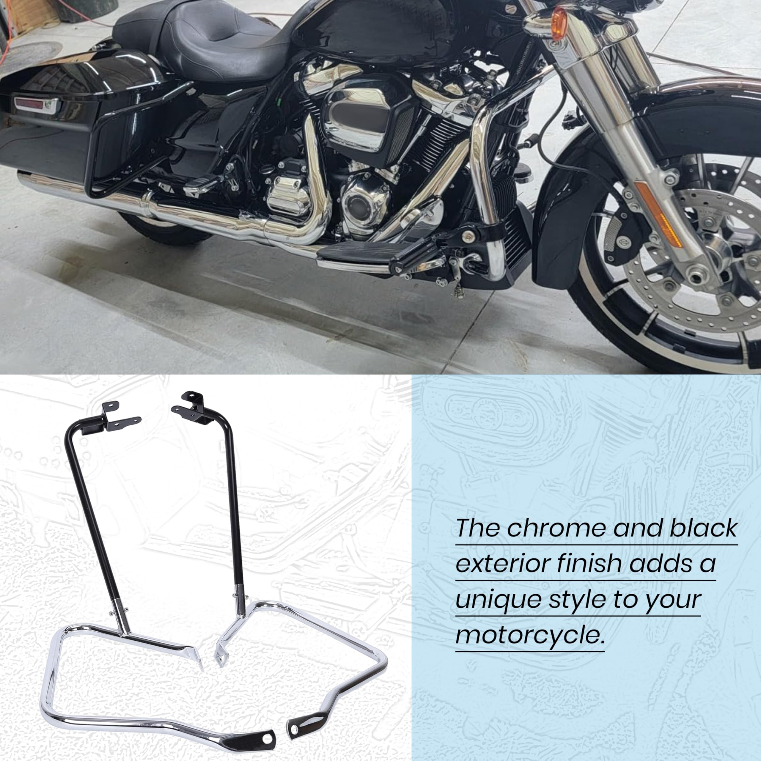 ECOTRIC Saddlebag Bracket Guard Bars Compatible with 2014-2024 Harley Davidson Touring Street Road Glide FLH Saddle Bags Guard Support Bar Mount Chrome & Black