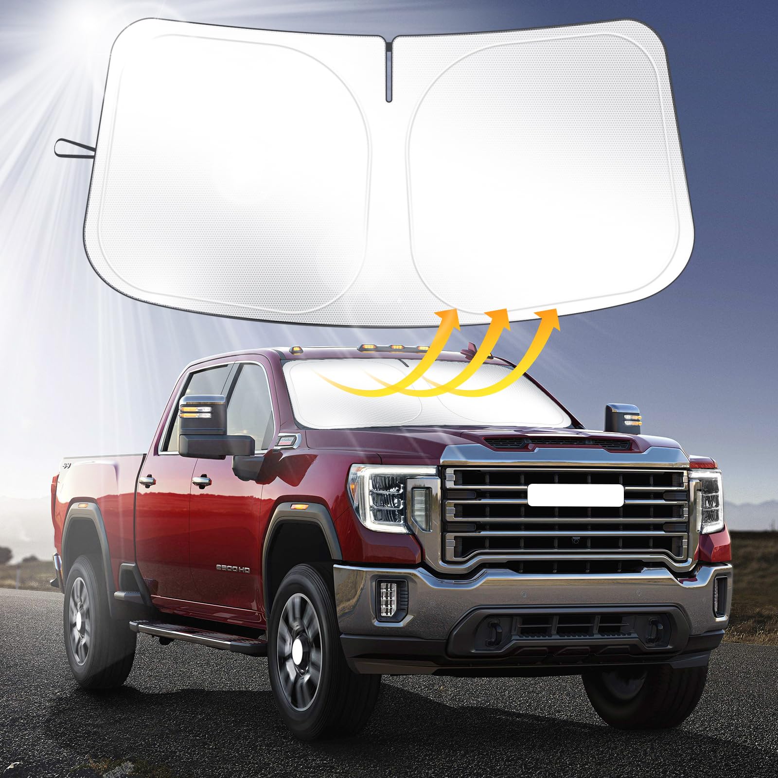 SHINEHOME Car Windshield Sun Shade Compatible with 2025 2024 2023 2022 2021 2020 2019 GMC Sierra 1500 2500 3500 SLT, AT4, Denali Accessories Foldable Sunshade Truck Custom Windshield Sun Visor