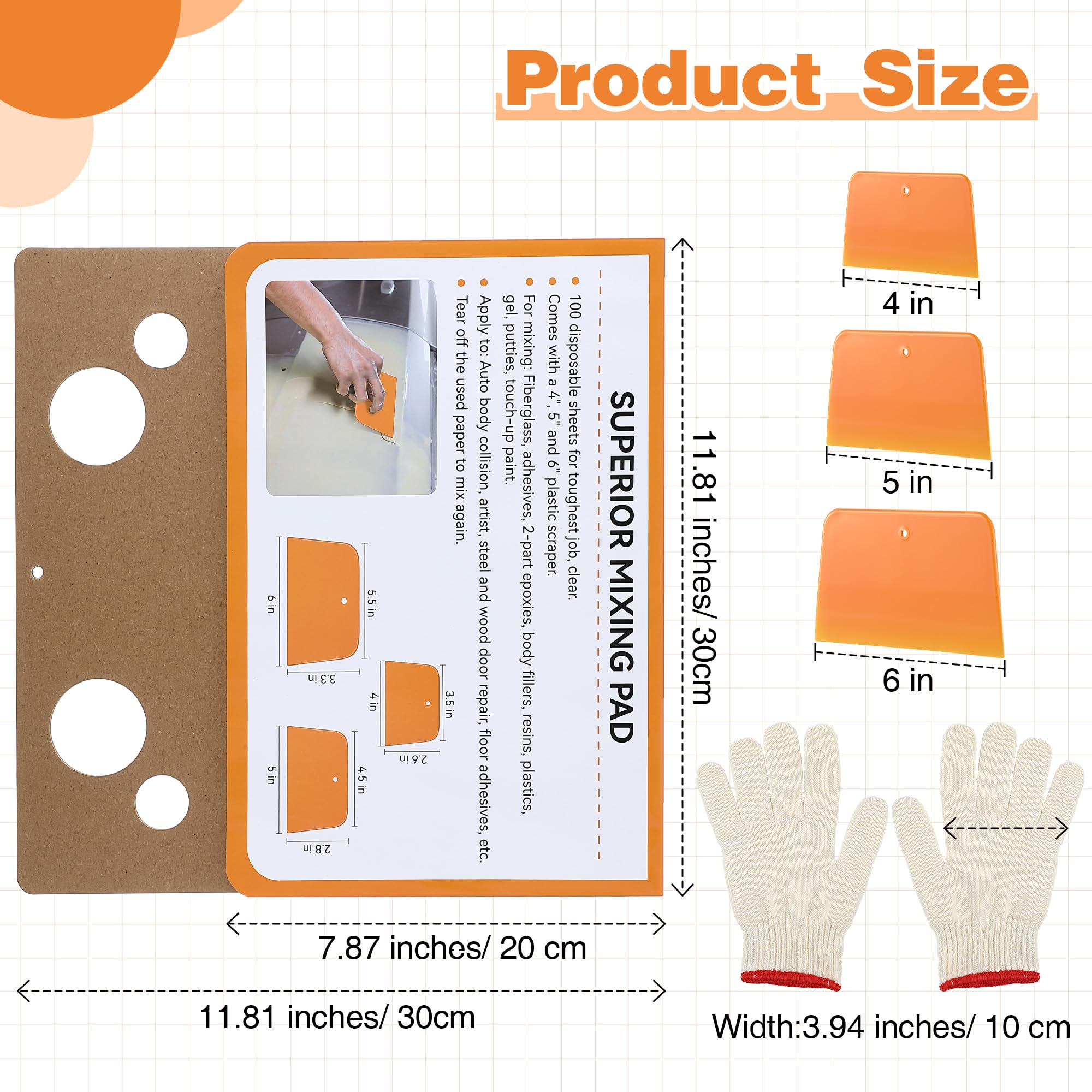 Saillong Body Filler Mixing Board Kit, 1 Body Filler Mixing Pad 12-12 in, 3 Yellow Plastic Scrapers (4-5-6 in), 100 Disposable P