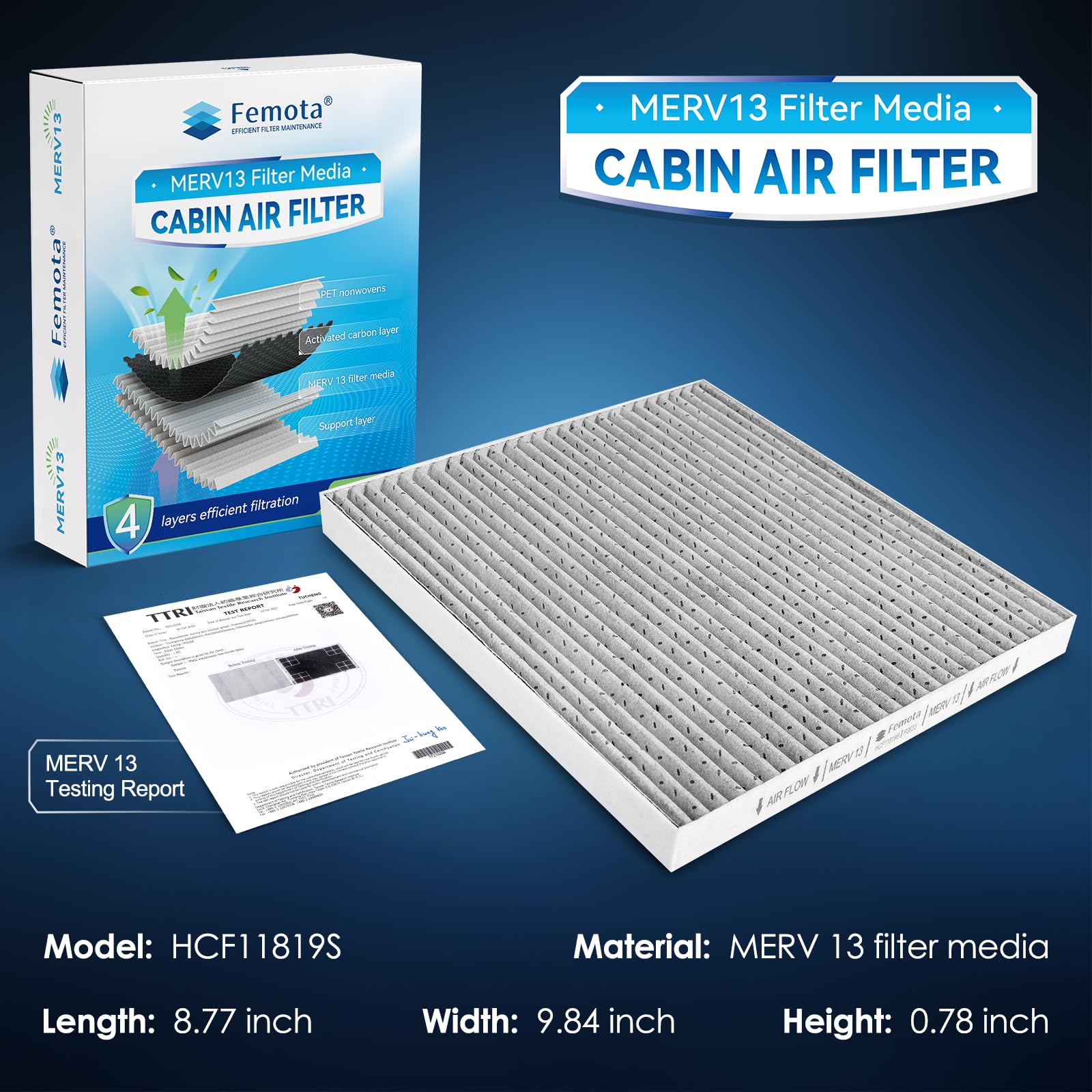 Femota MERV 13 Cabin Air Filter with Activated Carbon, CF11819(CP819) for Hyundai Sonata,Azera, Kia Cadenza,Optima,Sedona, GMC T