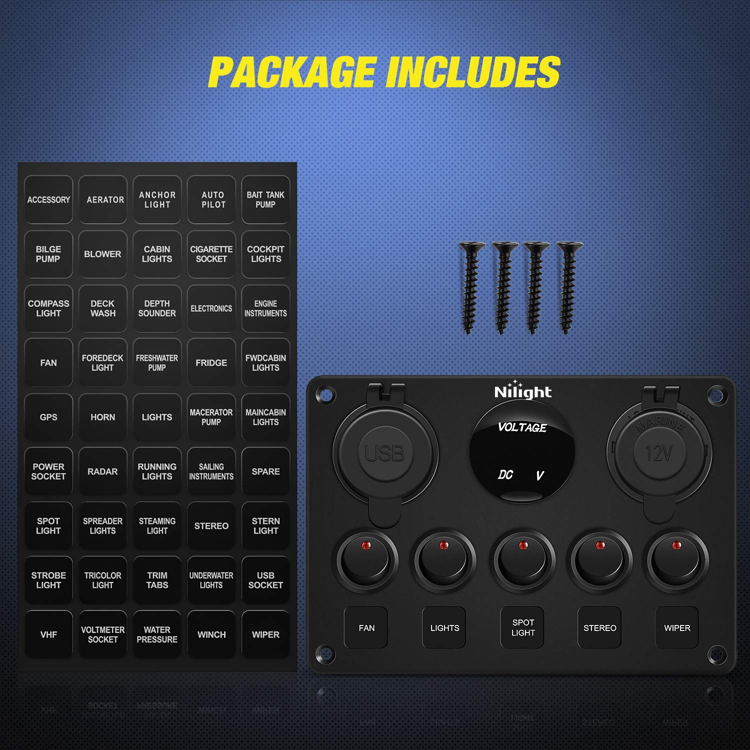 Nilight 5 Gang Multi Function Rocker Switch Backlit Dual Usb Charger, Digital Voltmeter, 12V Outlet Pre-Wired Switch Panel With