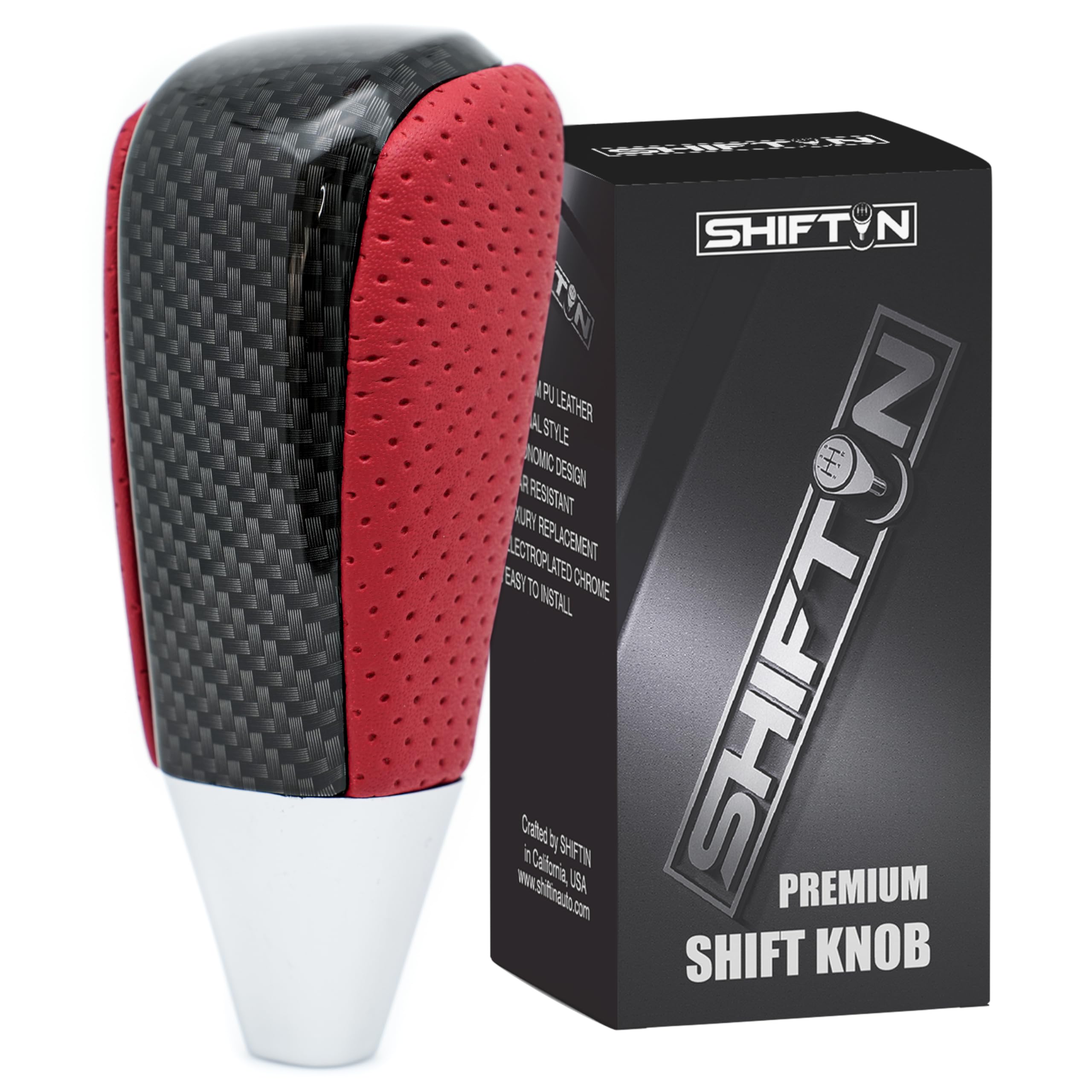 SHIFTIN Leather and Wood Gear Shift Knob for Toyota Land Cruiser 4Runner Sequoia Tundra and Lexus (Red Leather/Carbon Fiber Patt