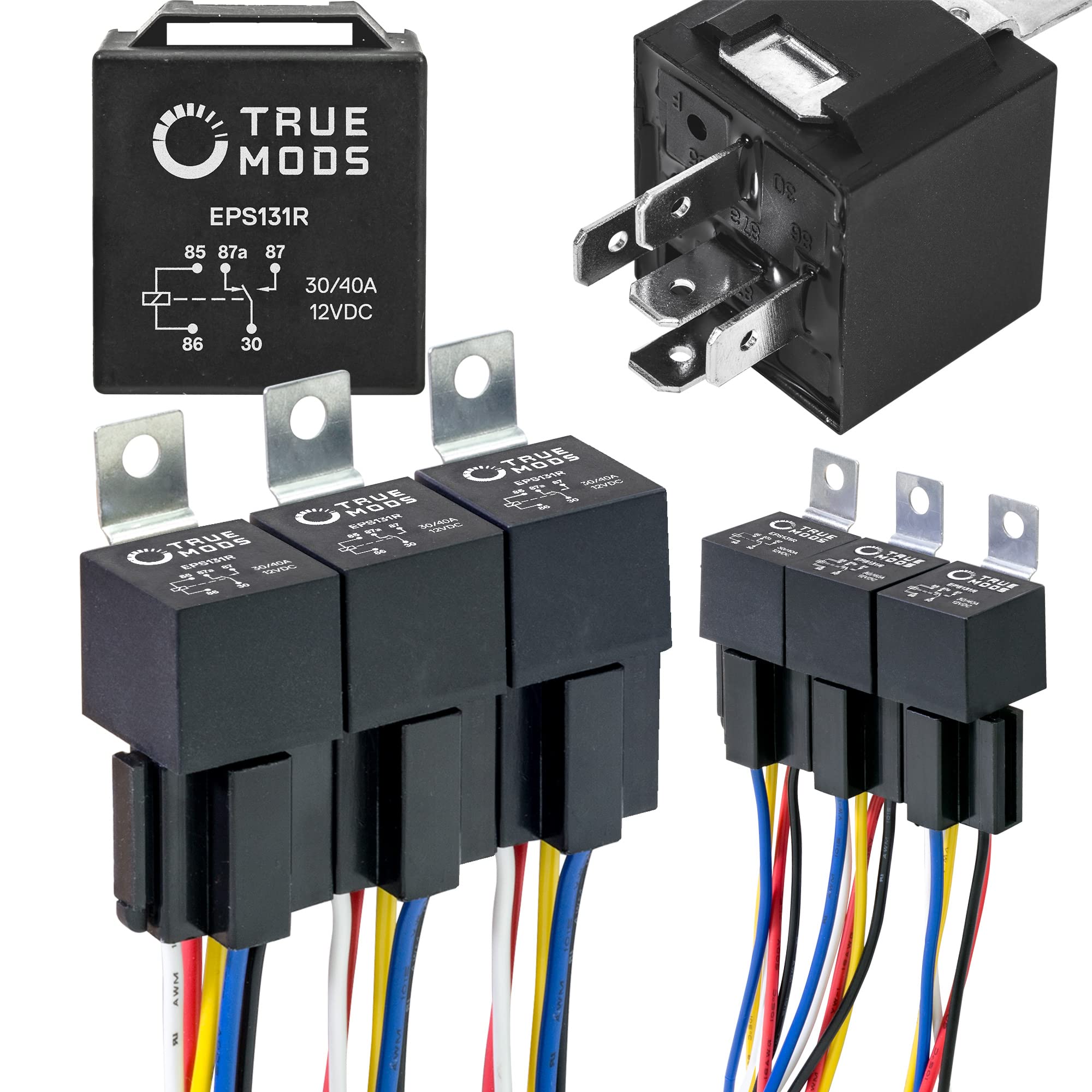 True Mods 6 Pack Bosch Style 5-Pin 12V Relay Kit [Interlocking Harness Socket Holder] [14 Awg Hot Wires] [Spdt] [30/40 Amp] 12 Volt Automotive Relays For Auto Fan Cars