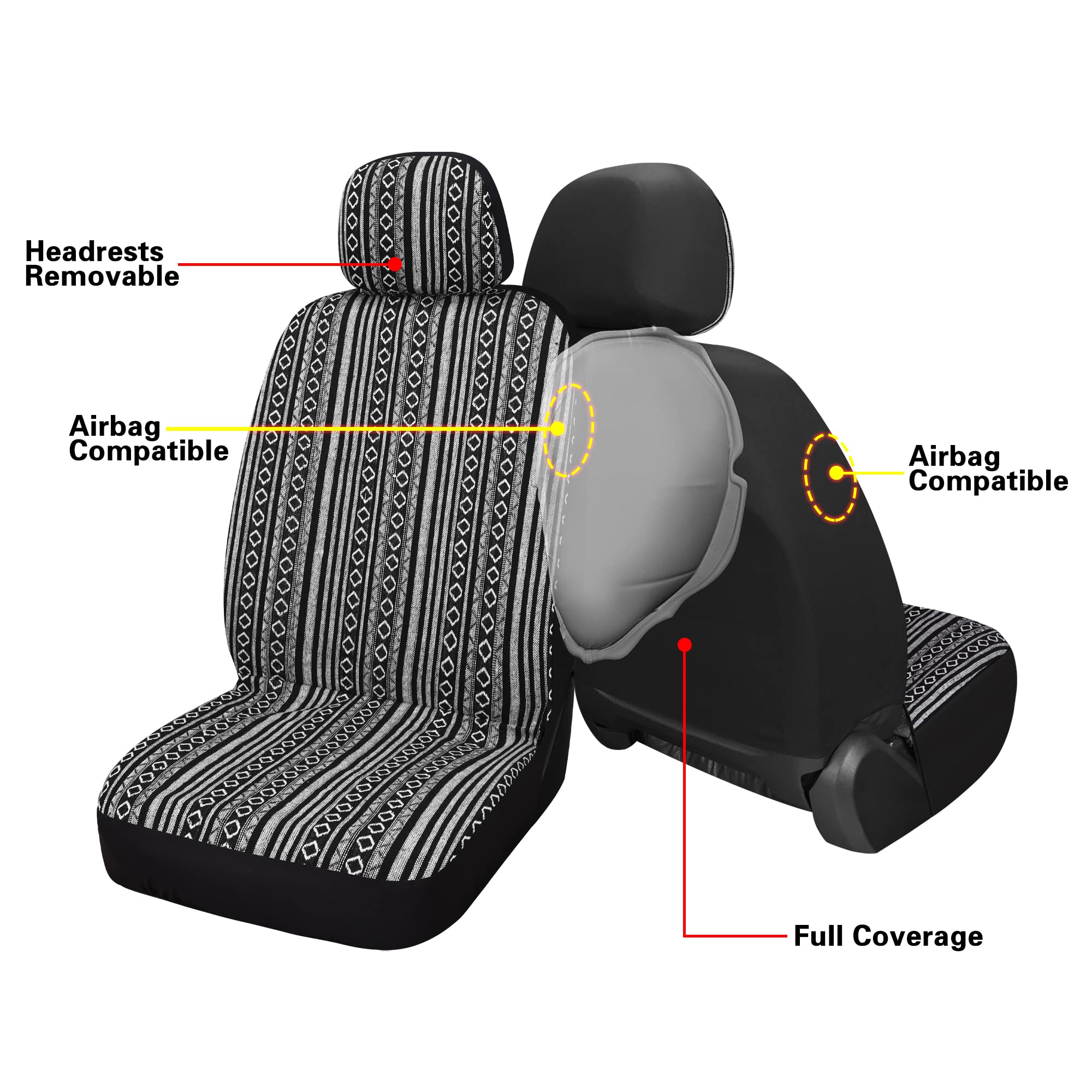 Haiyaotimes Baja Saddle Blanket Car Seat Covers Front Set With Seat Belt Pads, Washable Breathable Seat Covers For Cars, Universal Fit Interior Covers For Most Cars, Airbag Compatible, Black/White