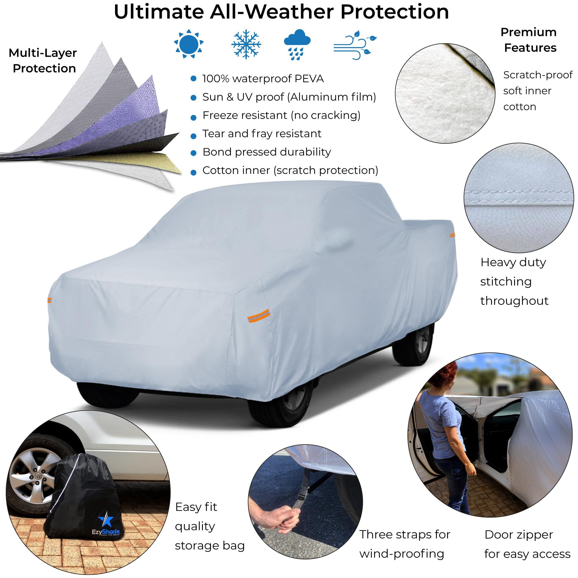 Ezyshade 10-Layer Truck Cover Waterproof All Weather. See Vehicle Size-Chart For Accurate Fit. Full Outdoor Pickup Truck Covers For F250 F150 Tundra Titan. Sun Wind Rain. Size T5 (See Size Chart)