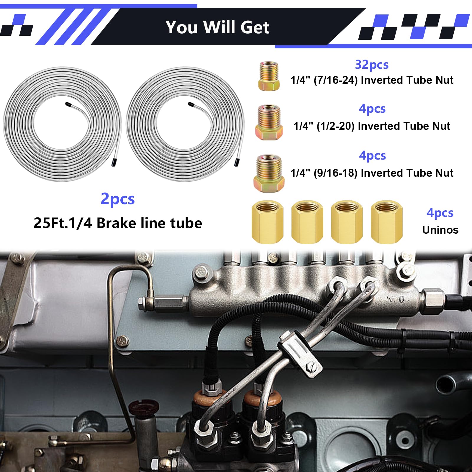 smseace 2Sets 25Ft. 1/4 '' Brake Line Tubing Kit with Brake Line Fittings(Includes 32pcs Fittings and 4pcs Unions+8pcs Nuts) Zin
