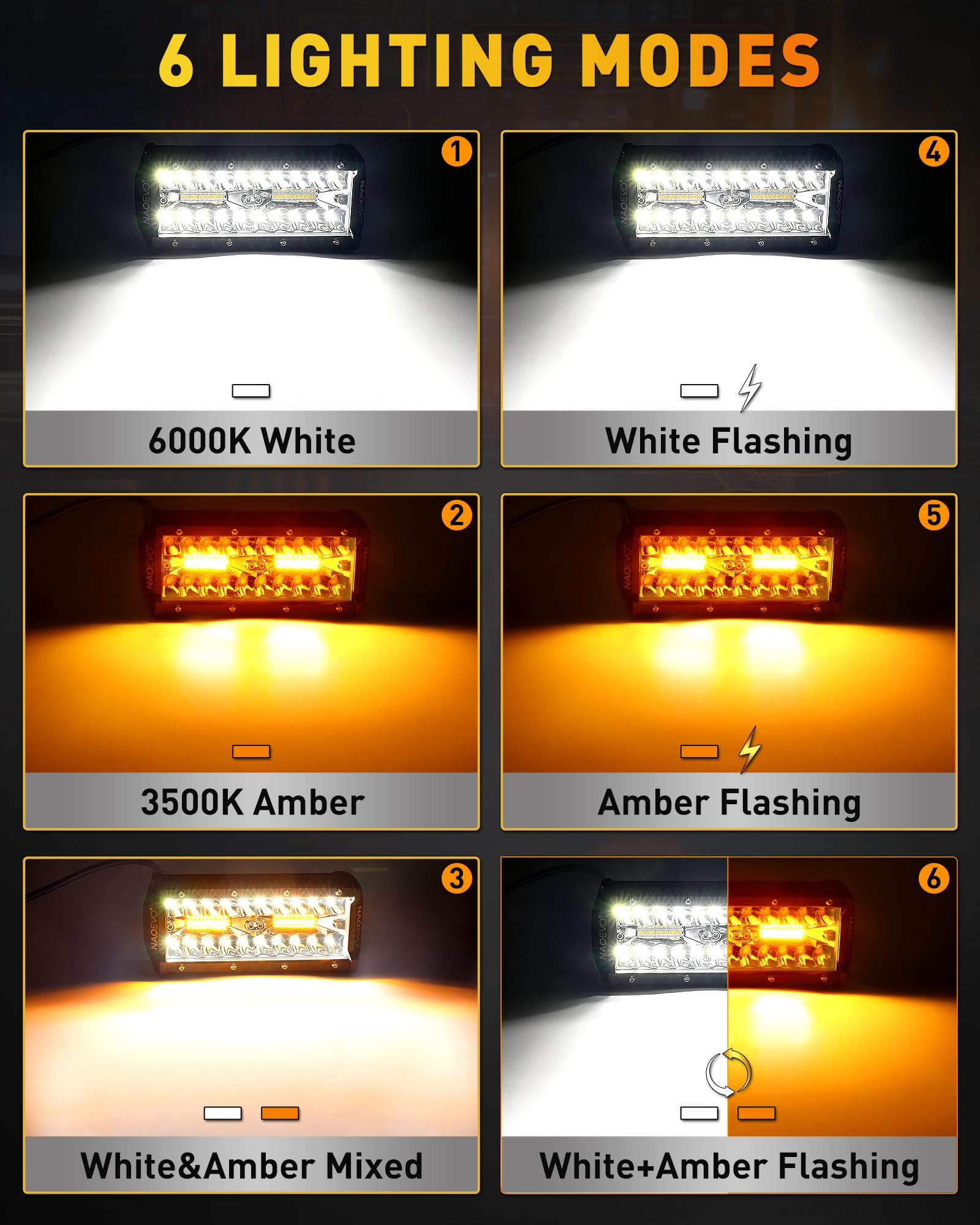 Naoevo 7 Inch Led Light Bar, White Amber Offroad Fog/Driving Lights Led Pods With Strobe/Memory Function, 2 Leads Wiring Harness