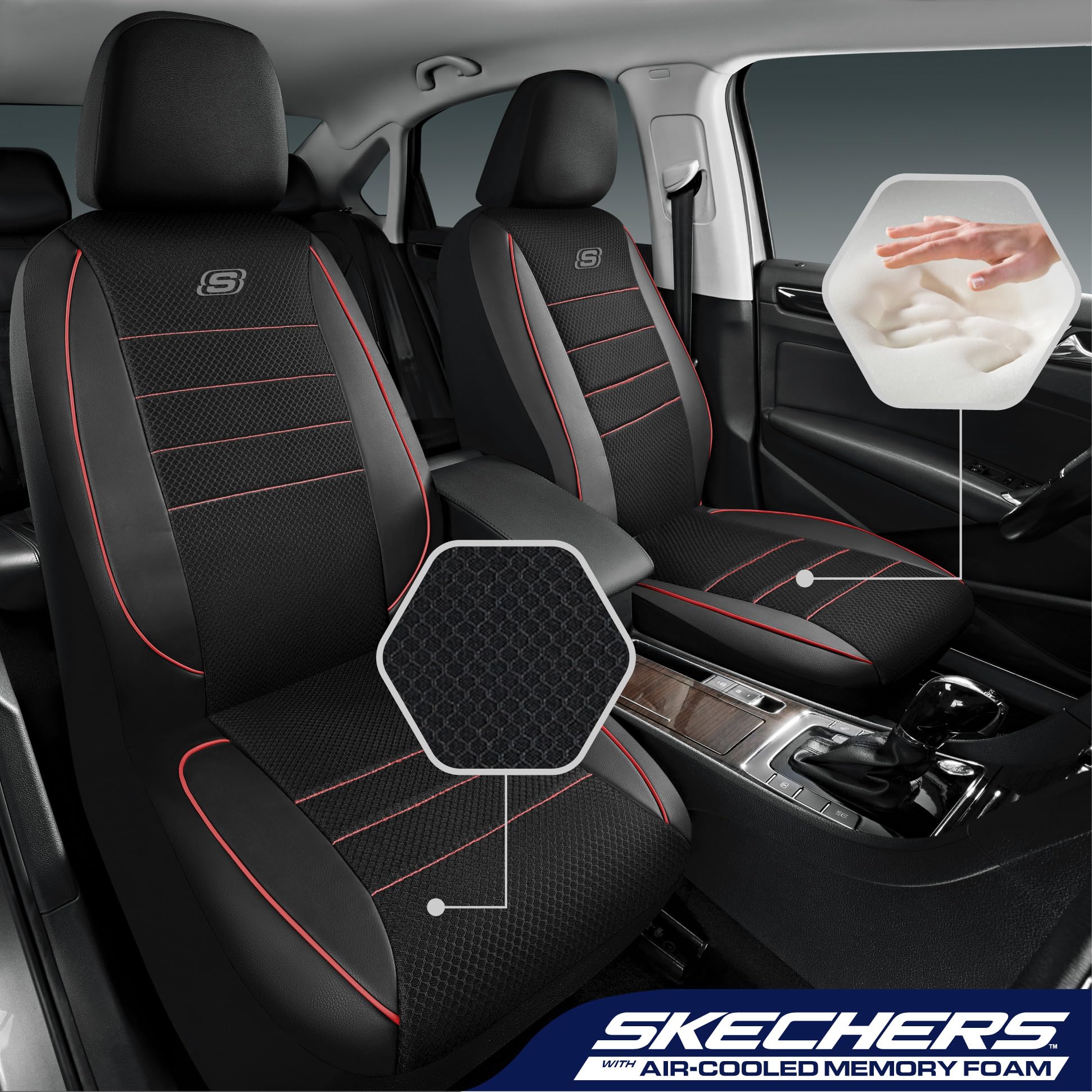 Skechers Memory Foam Seat Covers,Air Cool Mesh Thick Car Seat Covers,Leather Piping Two FrontTwo Front,Airbag Compatible,Automot
