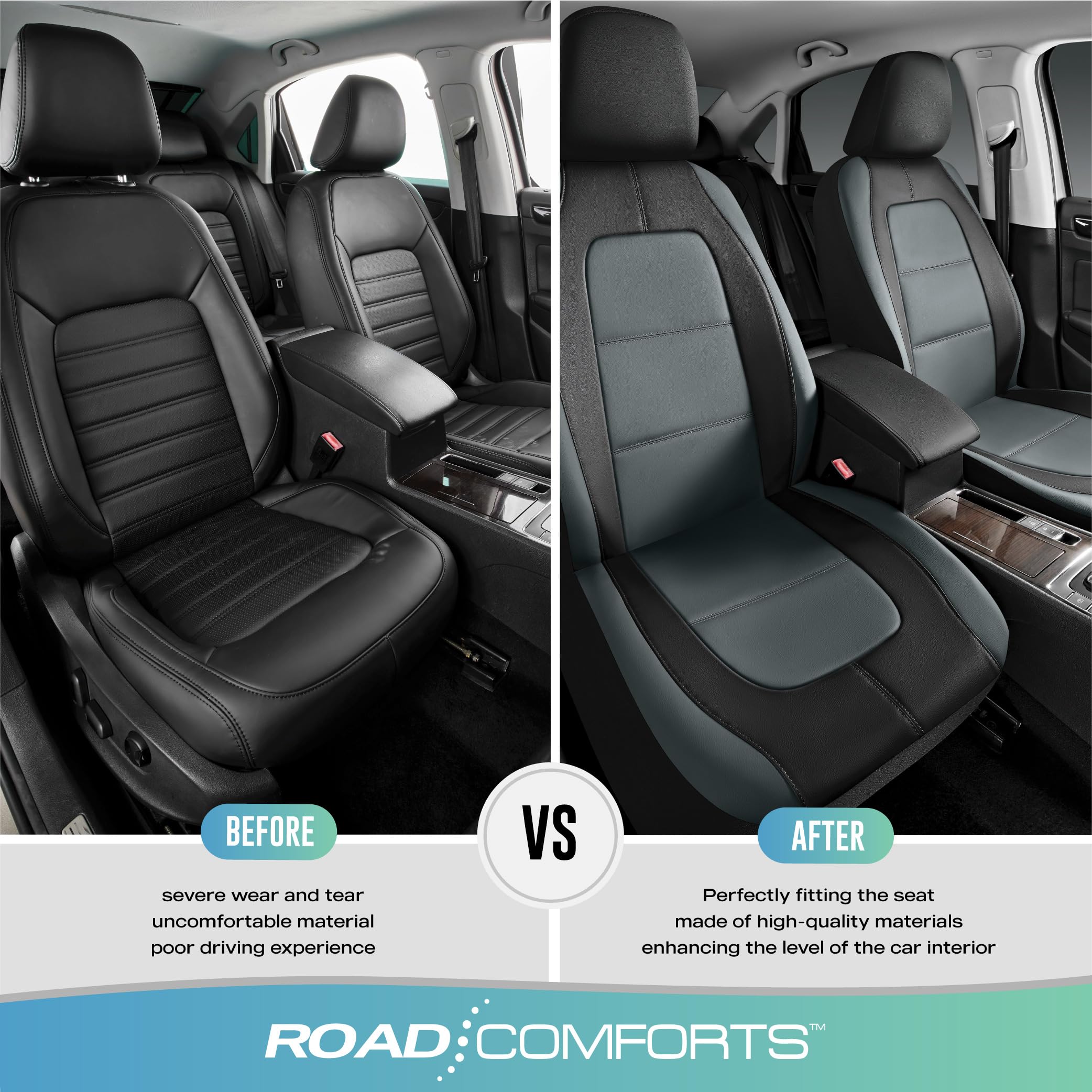 Road Comforts Car Seat Cover, Front Leather Car Seat Covers, Automotive Low Back Sport Car Seat Covers, Airbag Compatible, Unive