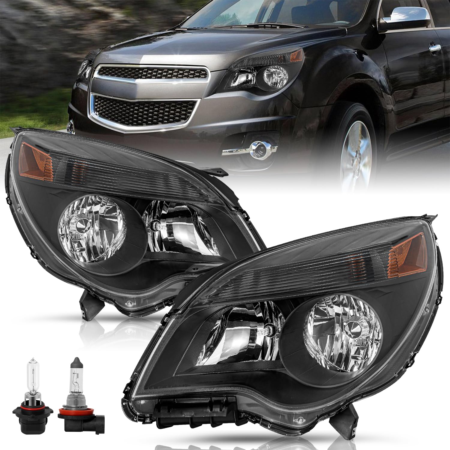 Tusdar Headlight Assembly Fit 2010-2015 Chevy Equinox Halogen Type Headlamp W/Bulbs Passenger & Driver Side Black Housing With Amber Reflector