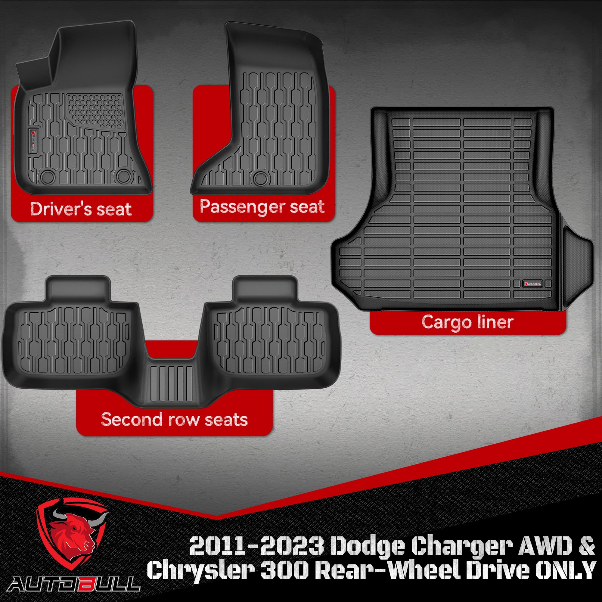 Autobull Floor Mats & Cargo Liner Compatible With 2011-2023 Dodge Charger Awd & Chrysler 300 All-Wheel Drive Only Cargo Mat, Ful