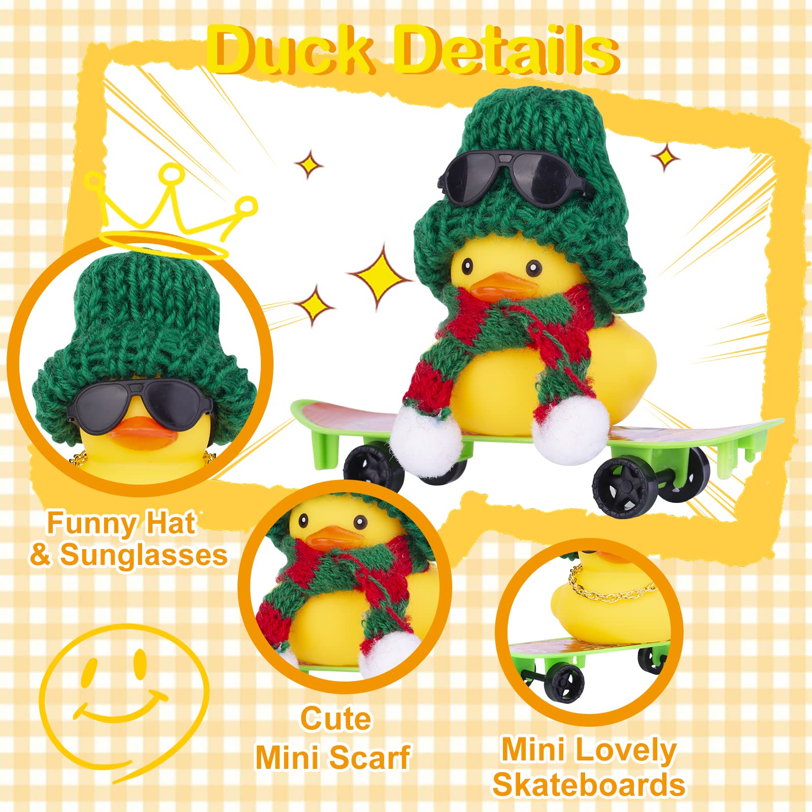 MuMyer Winter Duck Car Dashboard Decorations, Rubber Duck Car Ornaments Accessories with Mini Hat, Sunglasses, Necklace and Skat