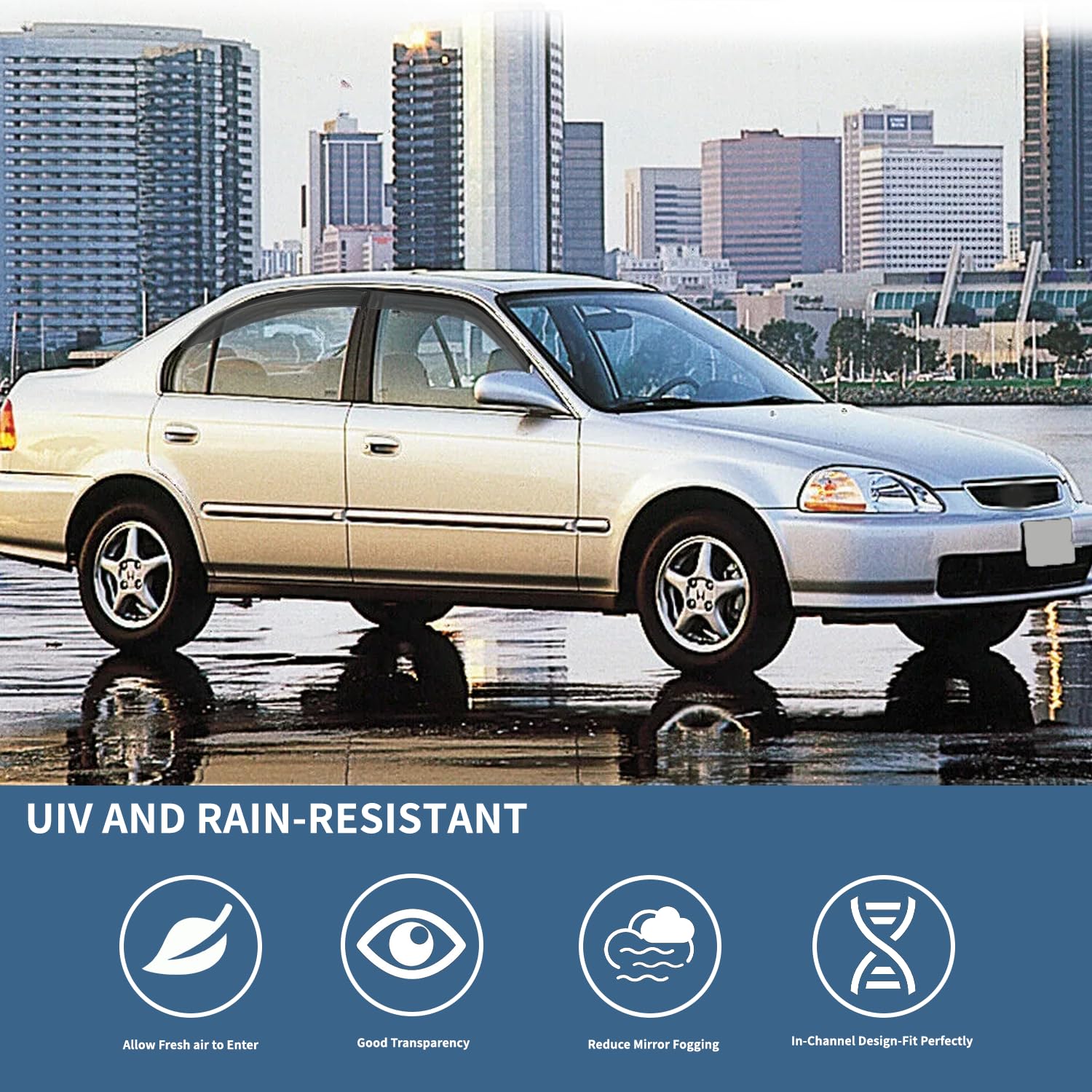 4PCS Rain Guards Window Visors Wind Deflector Fits for 1996-2000 Honda Civic 4-Door Sedan, Front & Rear Outside Mount Vent Shade