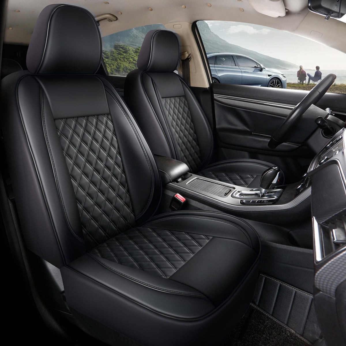 GIANT PANDA Full Set Piping Leather Seat Cover for Nissan, Rogue Kicks Frontier Murano, Custom Fit Seat Protectors (Black 5-Seat