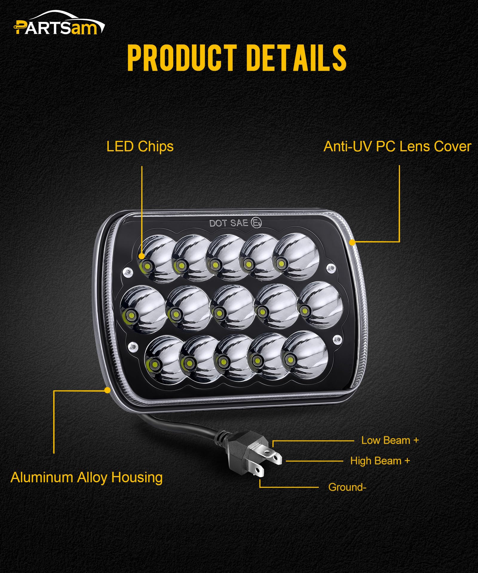 Partsam 2Pcs H6054 Led Headlights 7X6 5X7 Headlamp Anti-Glare Hi/Low Sealed Beam Lights Compatible With Cherokee Xj Wrangler Yj