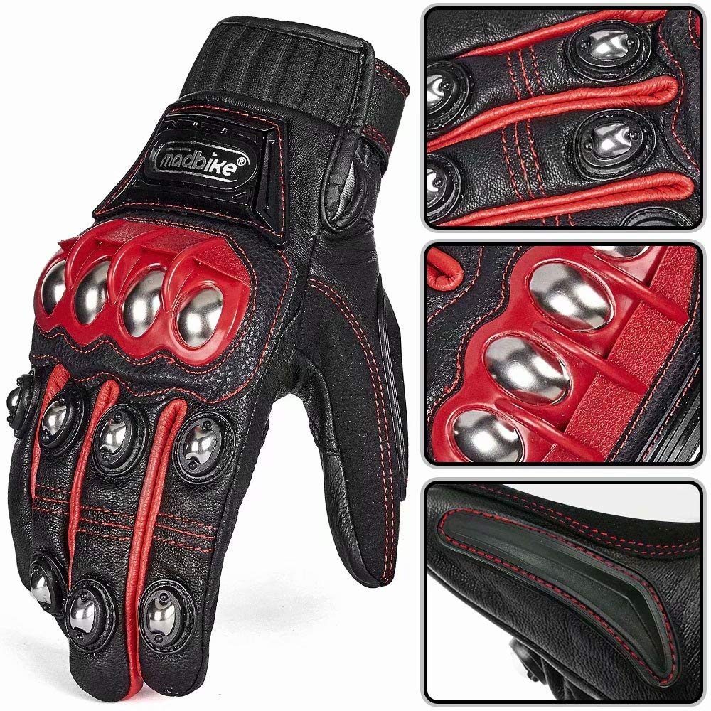 Ilm Alloy Steel Leather Hard Knuckle Touchscreen Motorcycle Bicycle Motorbike Powersports Racing Gloves (L, (Leather) Red) Model