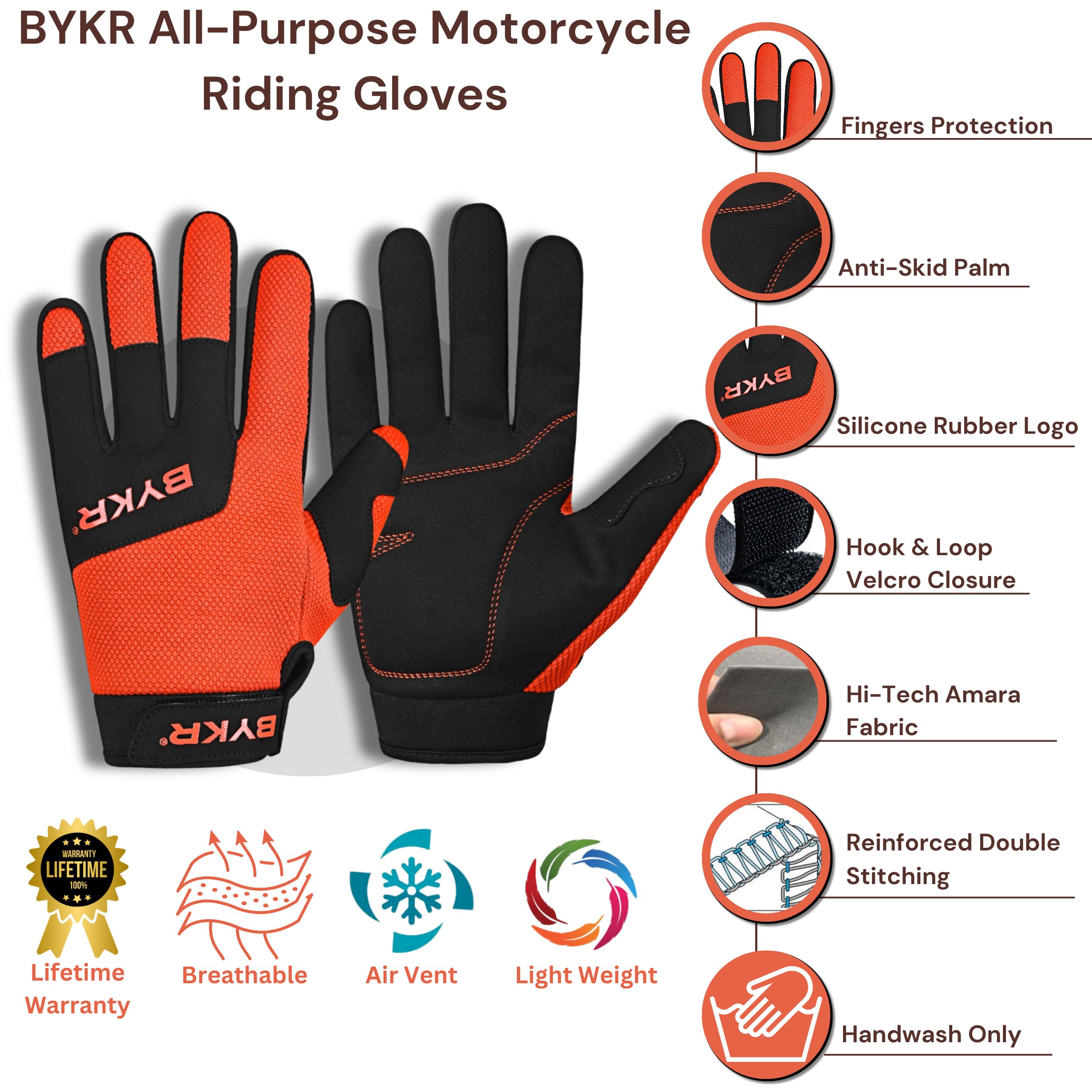 Bykr All-Weather Motorcycle Gloves For Men & Women - Protection For Dirt Bike, Bmx, Mx, And Atv Riding - Orange S
