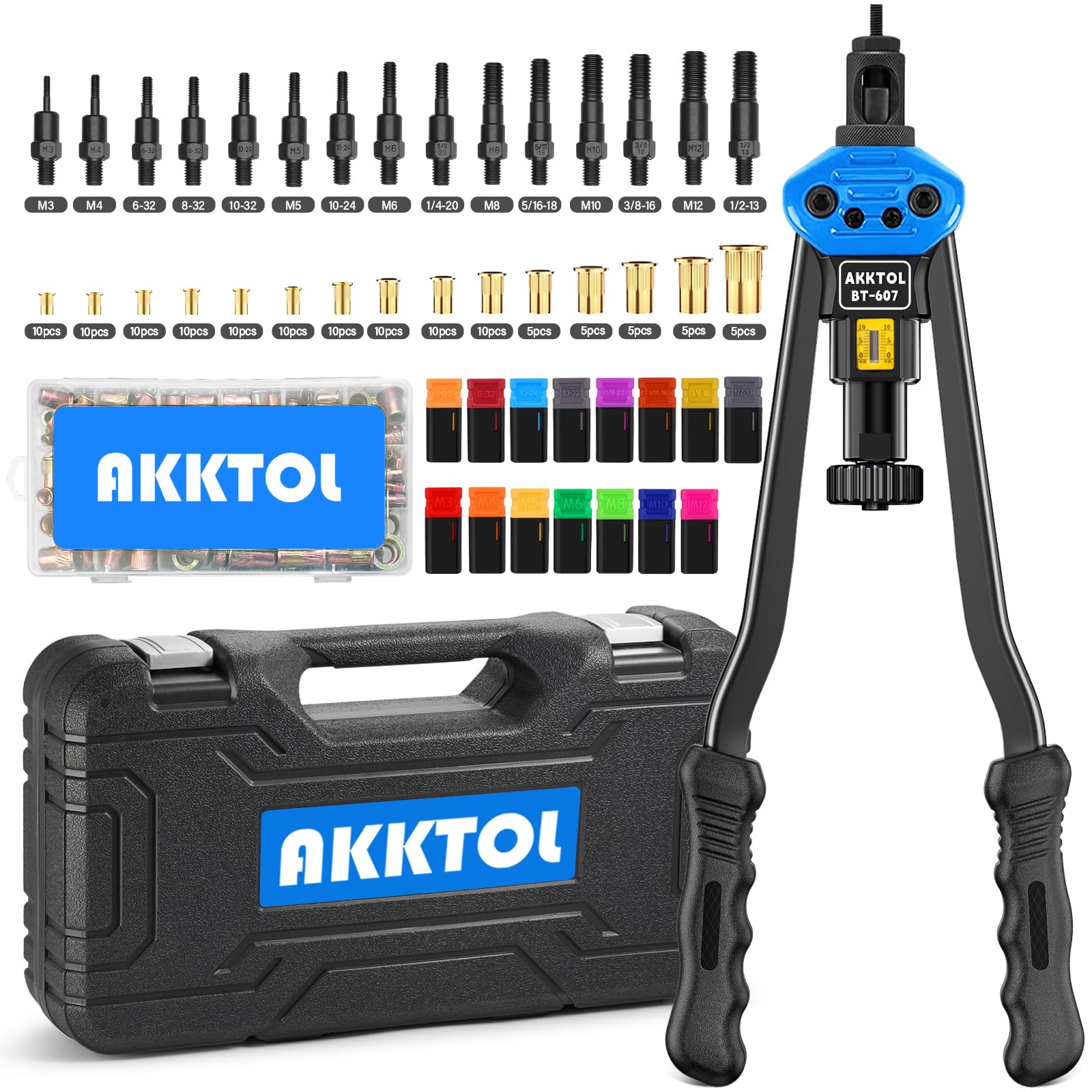 Akktol Rivet Nut Tool, 16 Rivnut Tool Kit With 15 Metric And Sae Mandrels, 125-Pcs Rivet Nut Assortment Kit, Rugged Carrying Case, Ideal For Sheet Metal & Automotive Work