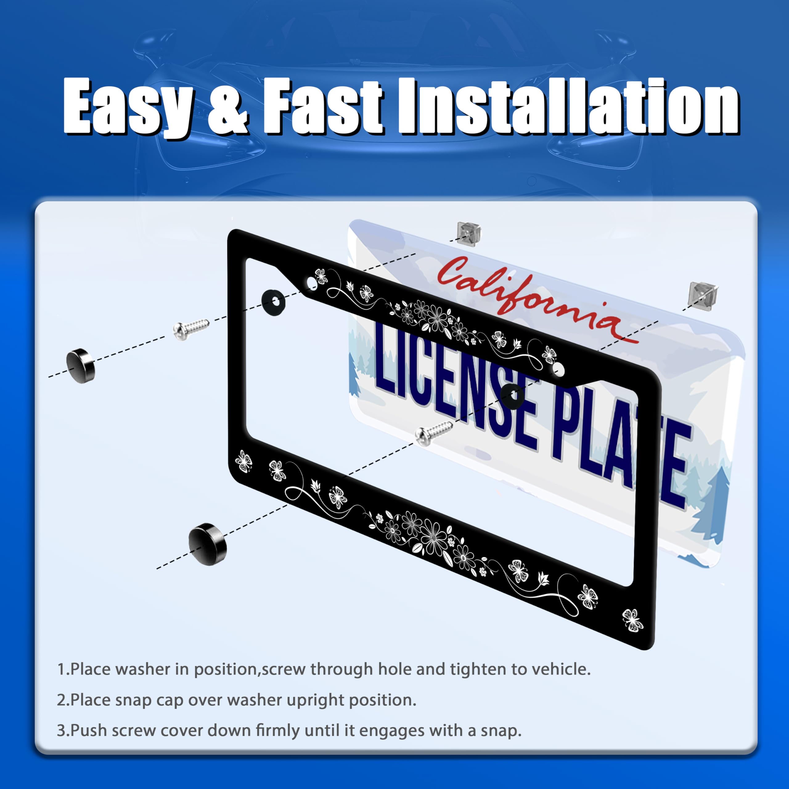 Black White Daisy Butterfly License Plate Frame Flowers License Plate Stainless Steel Funny License Plate Holder Floral Car Acce