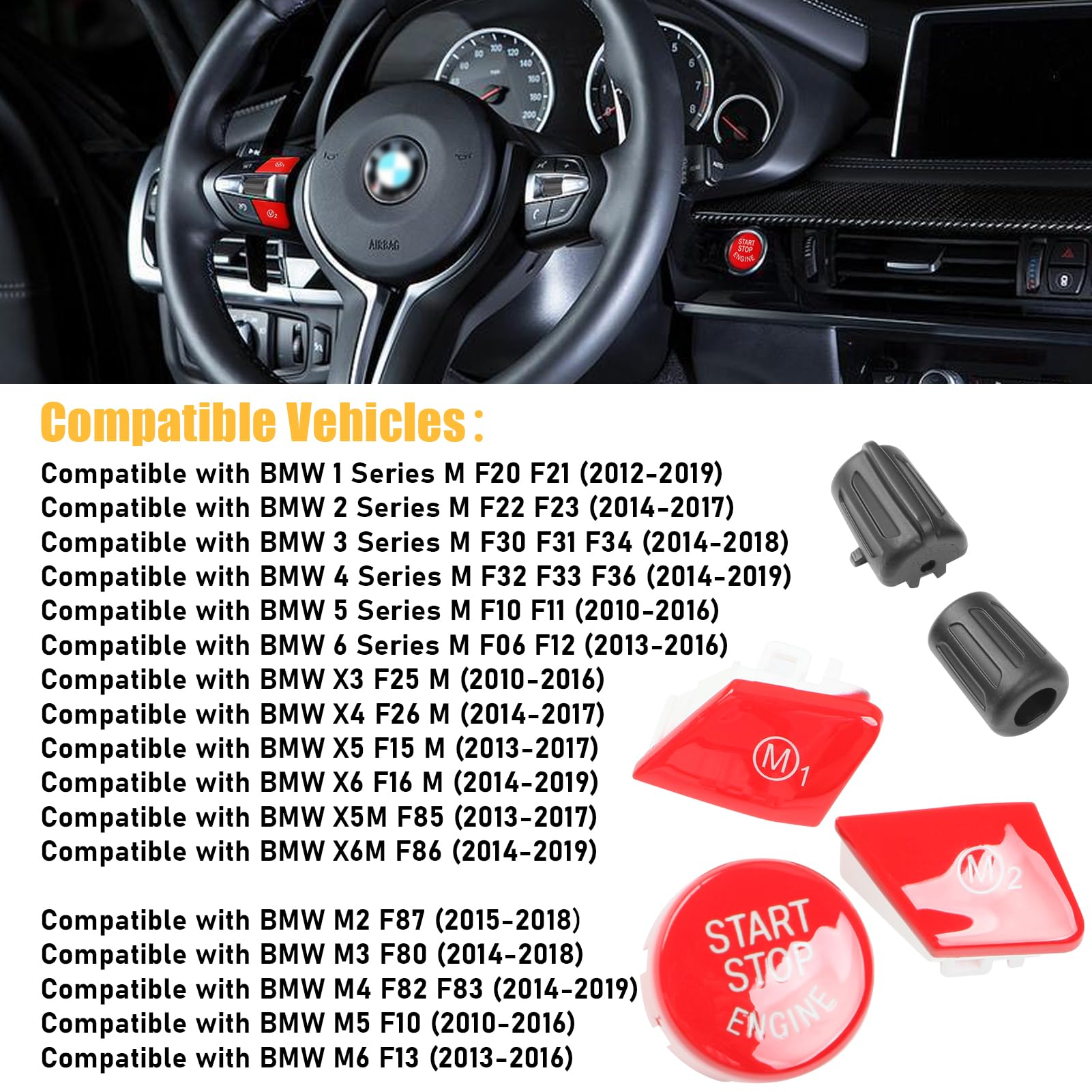 Jaronx Compatible With Bmw M1 M2 Buttons, Steering Wheel Sporty Red Start Stop Active Cruise Control Button For Bmw M3 F30 F80/M