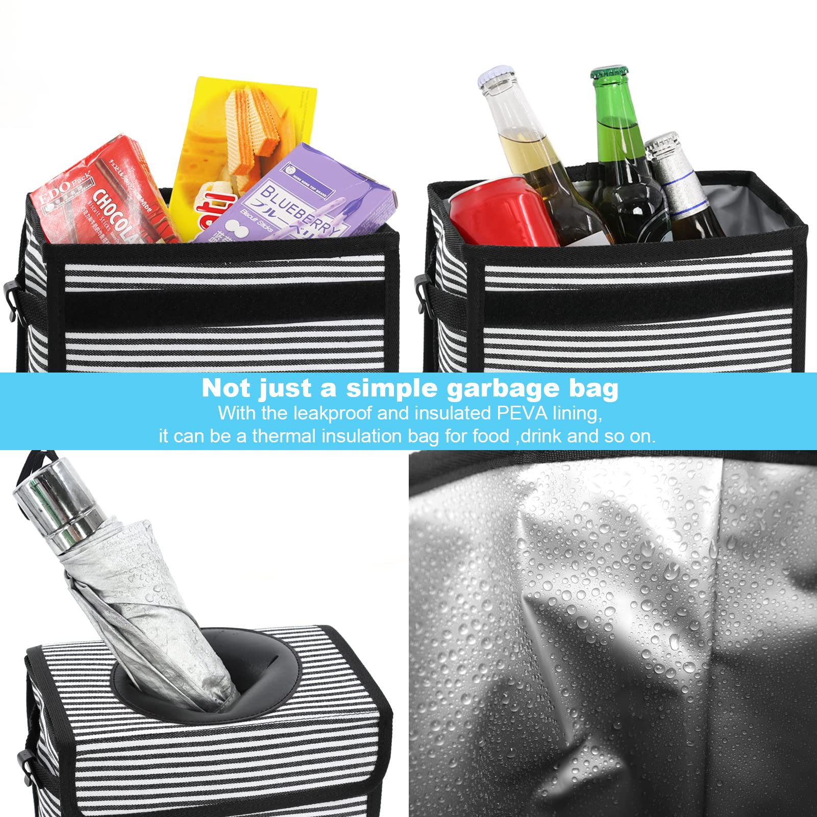 Femuar Car Trash Can Leak Proof Car Trash Bag Waterproof Car Garbage Can With Lid With Storage Mesh Pocket, Large/Stripe