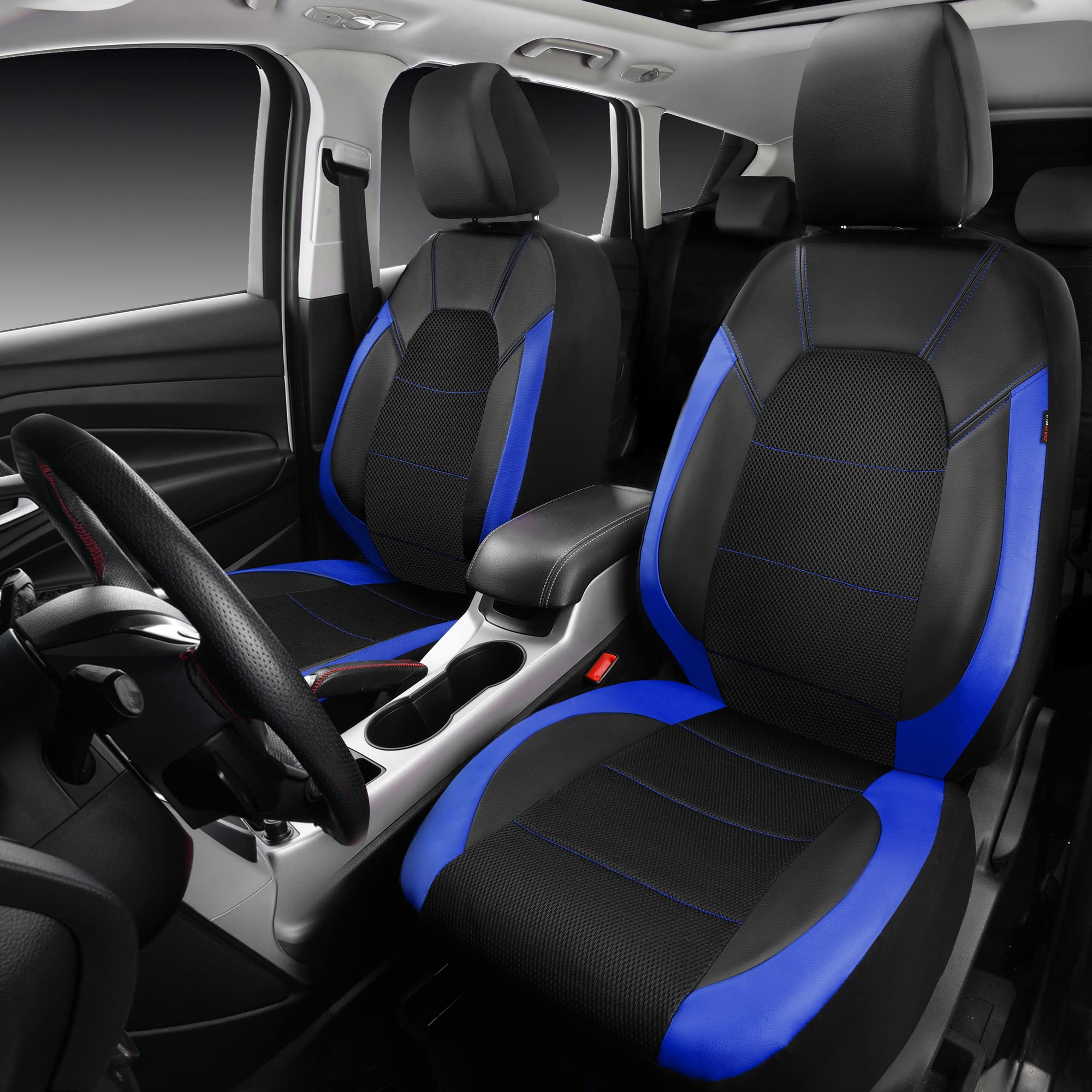 Car Pass Universal Leather Two Front Seat Covers,Sport Seat Covers Fits Most Cars, Suvs, Trucks, And Vans Airbag Compatible (Black And Blue)