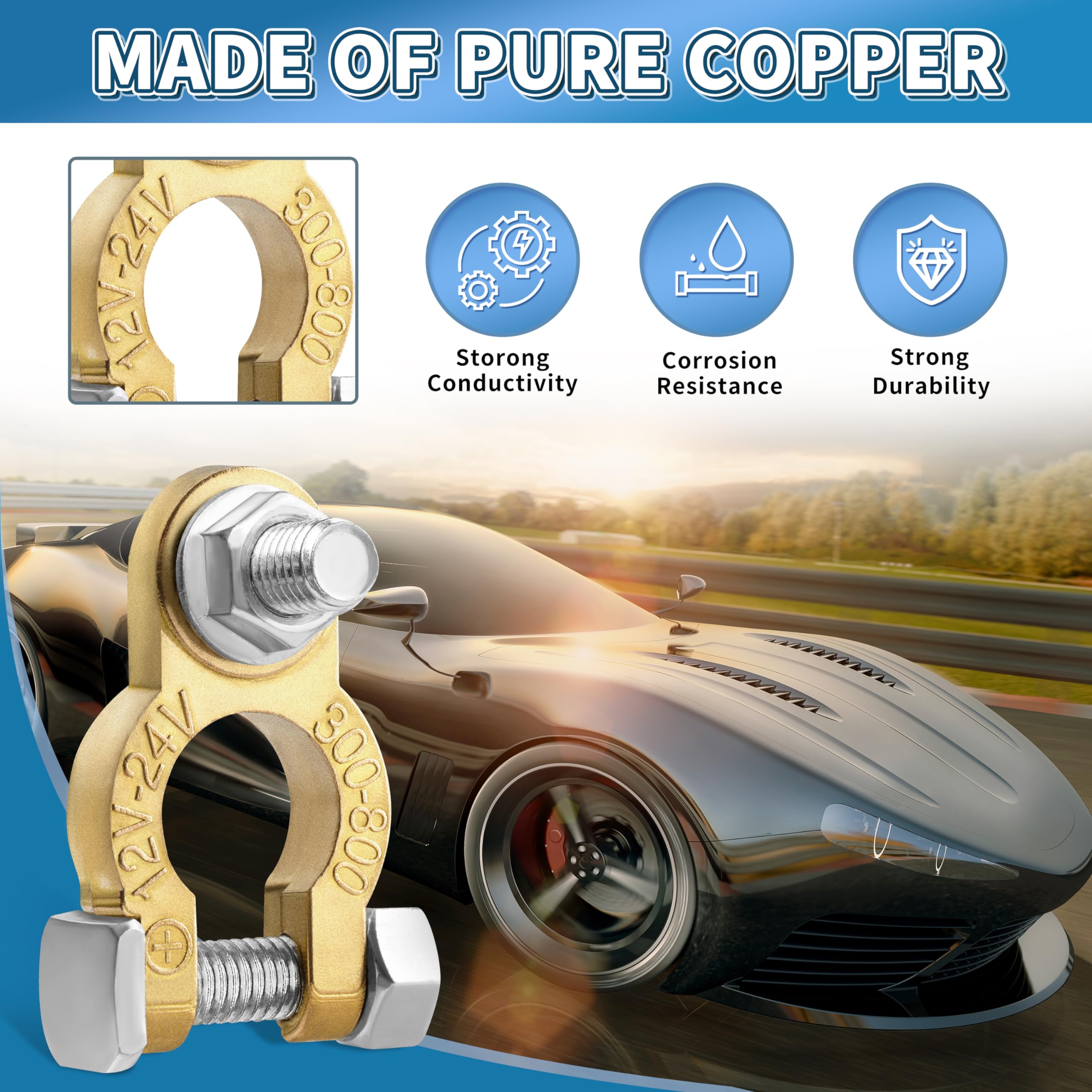 Battery Terminal Connectors 2 Pair, Battery Terminals M8 X 21Mm Bolt, Battery Cable Ends Pure Copper With Anti-Corrosion Pad For Car Rv Accessories Automotive Car Marine Battery By Xiogzaxi