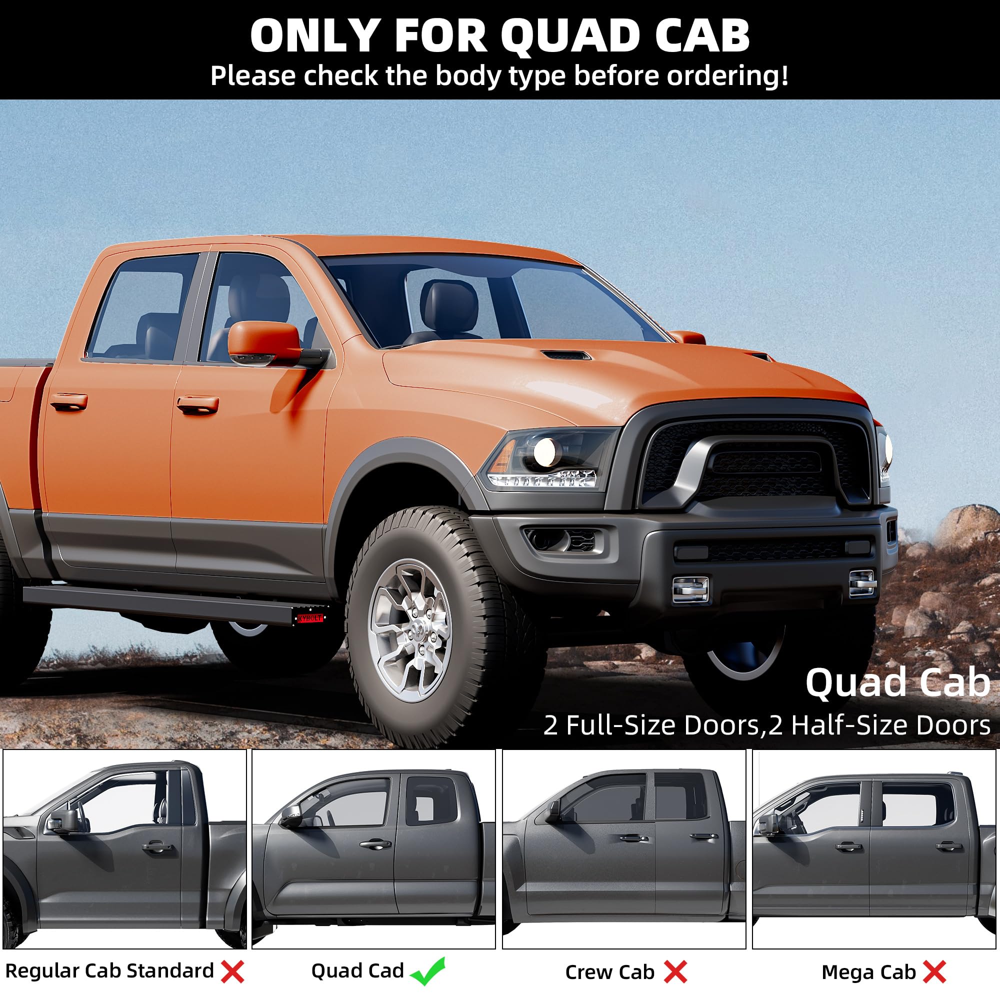 KYBOLT Running Boards 6.5 Inches - Aluminum Side Steps for 2009-2023 Dodge Ram 1500 Quad Cab