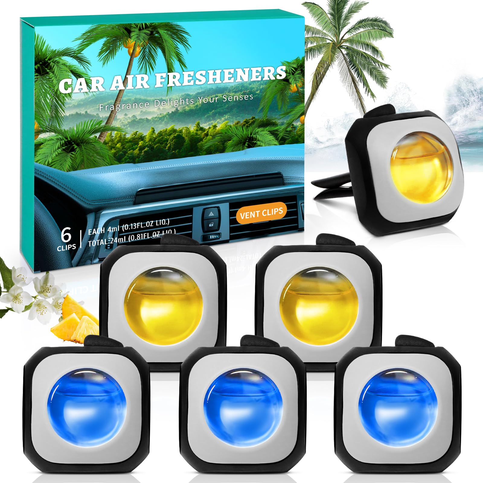 SCENTORINI Car Air Freshener, Car Air Freshener Vent Clips, Variety Pack, 3 Hawaiian & 3 Black Forest, Long lasting Scent, Pack 