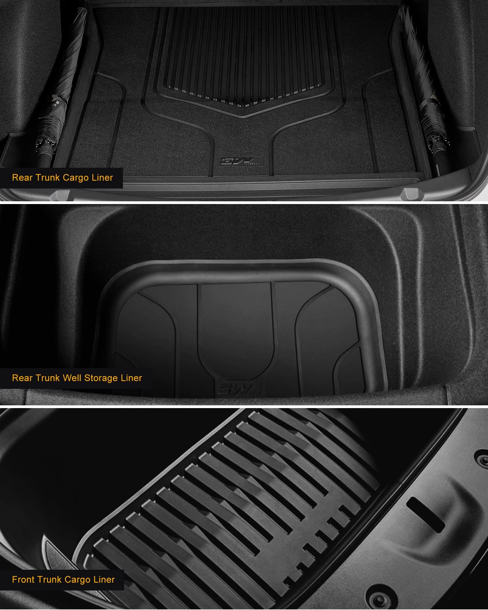 3W Floor Mats And Cargo Liner Fit For 2024 2025 Tesla Model 3 Highland New Generation, Full Set Black Floor Mats And Trunk Cargo