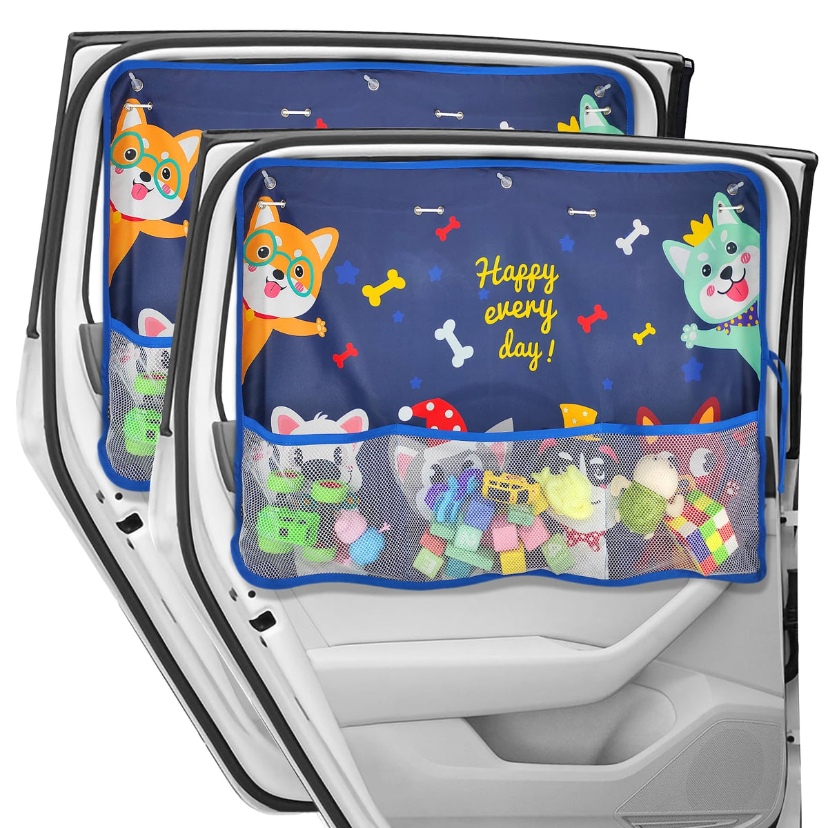DIZA100 Car Window Shade for Baby(2 Pack), Blackout Car Sun Shades with Storage Pockets 7 Suction Cups Car Window Curtain Cute P
