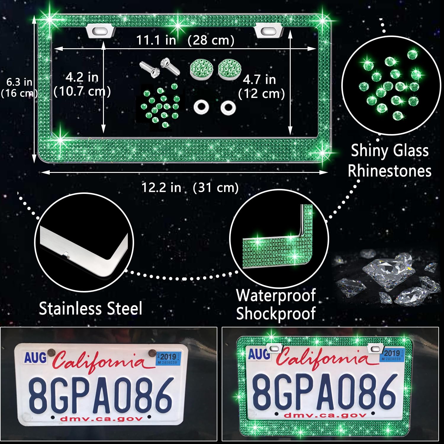 NBTEPEM 27 PCs Green Bling Car Accessories Set for Women, Bling Steering Wheel Covers Universal Fit 15 Inch, Bling License Plate